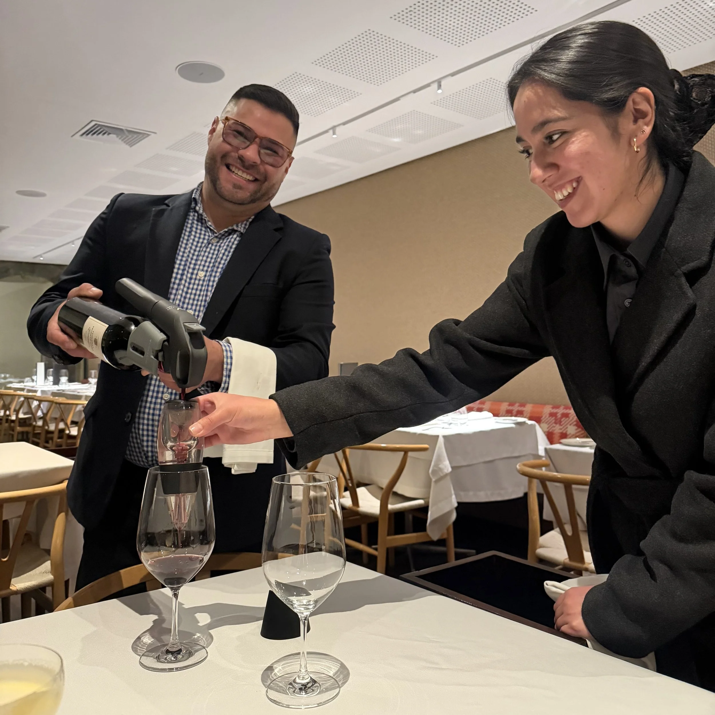 Pouring Steve's glass of Malbec was a two-person job!