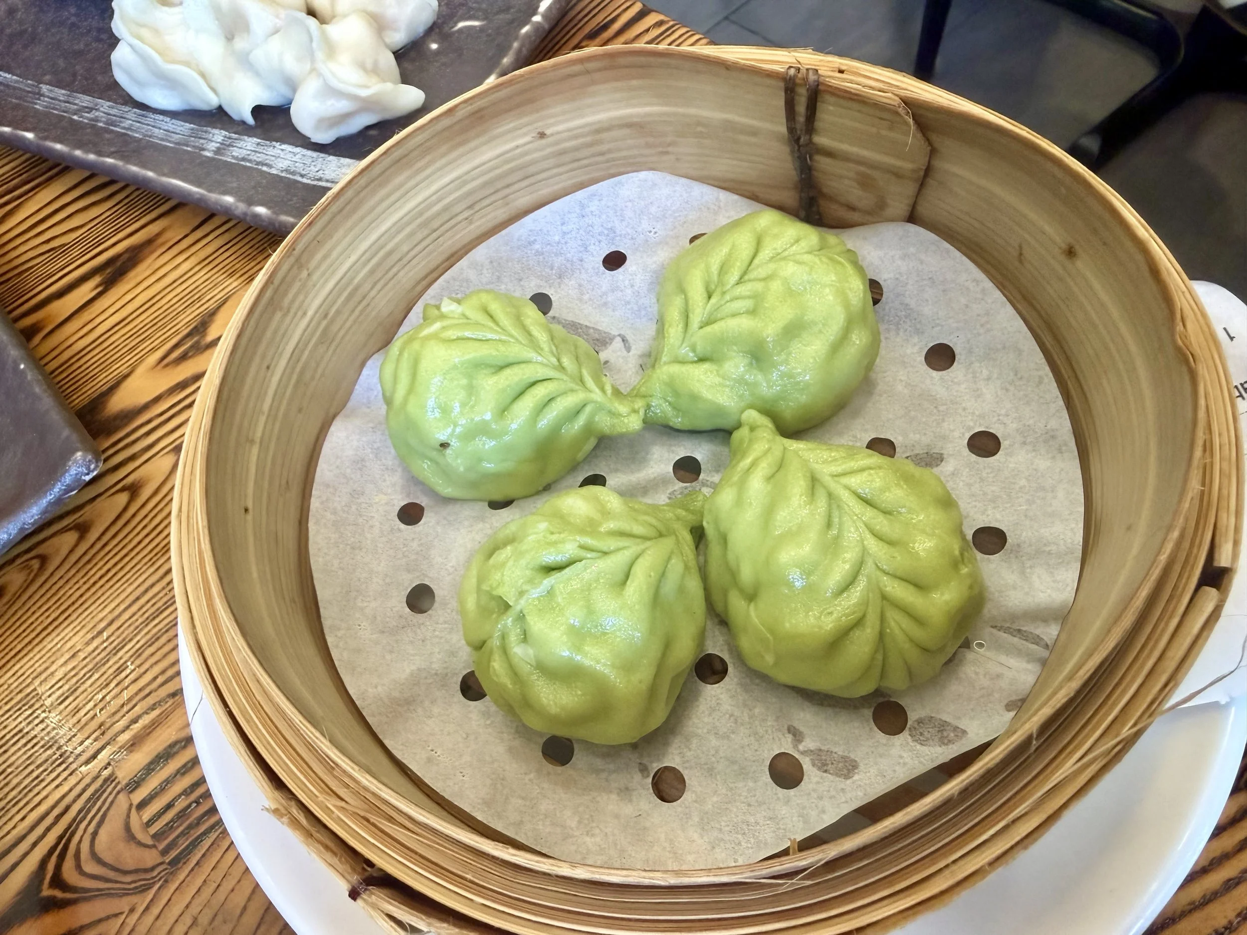 steamed vegetable dumplings (cabbage, shiitake mushroom, wood ear mushroom, carrot, and tofu)