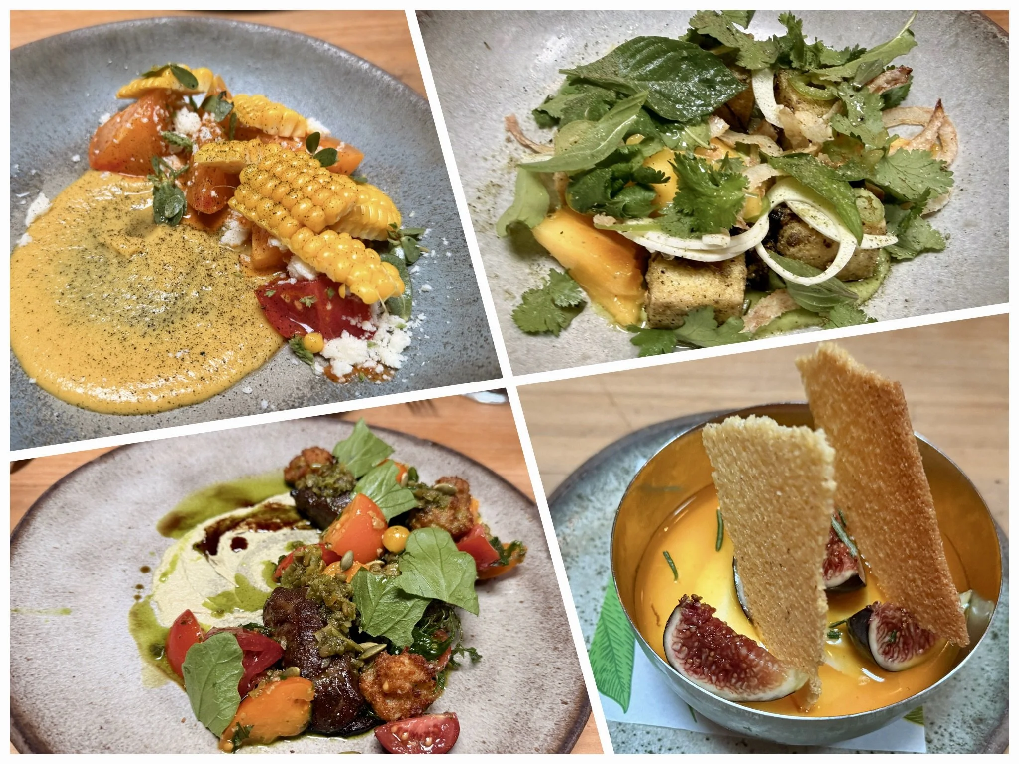  clockwise from top left: heirloom tomatoes &amp; black-eyed peas, crispy hodo tofu &amp; heart of palm, ricotta mousse tart, klingeman farms pork cheek 