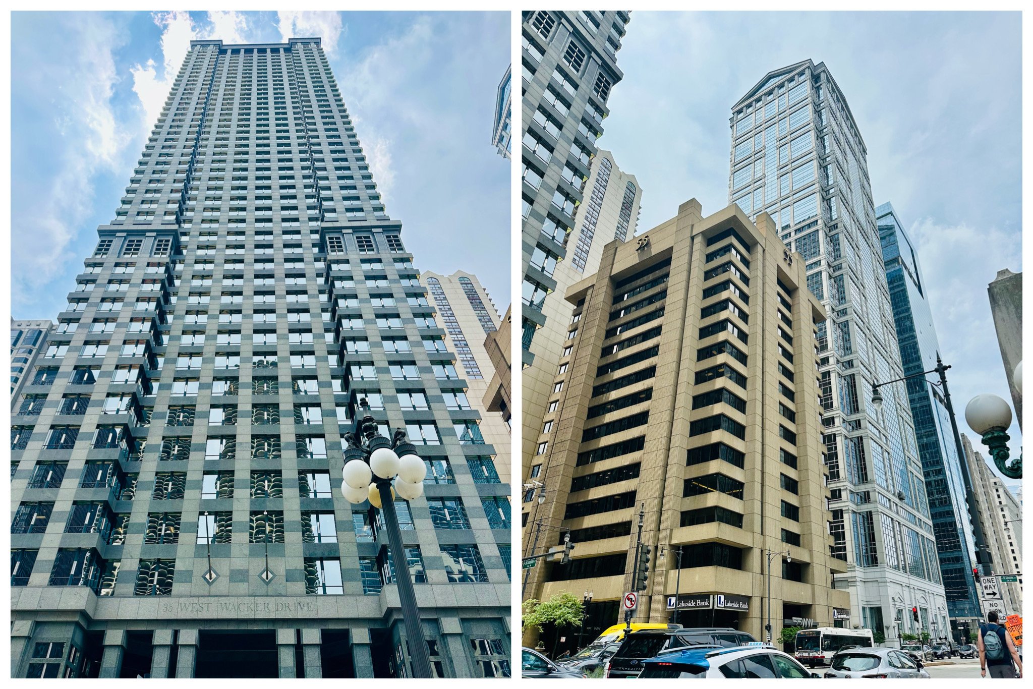 Left: Leo Burnett Building. Right: Blue Cross/Blue Shield Shield Building, 77 West Wacker /United Building.