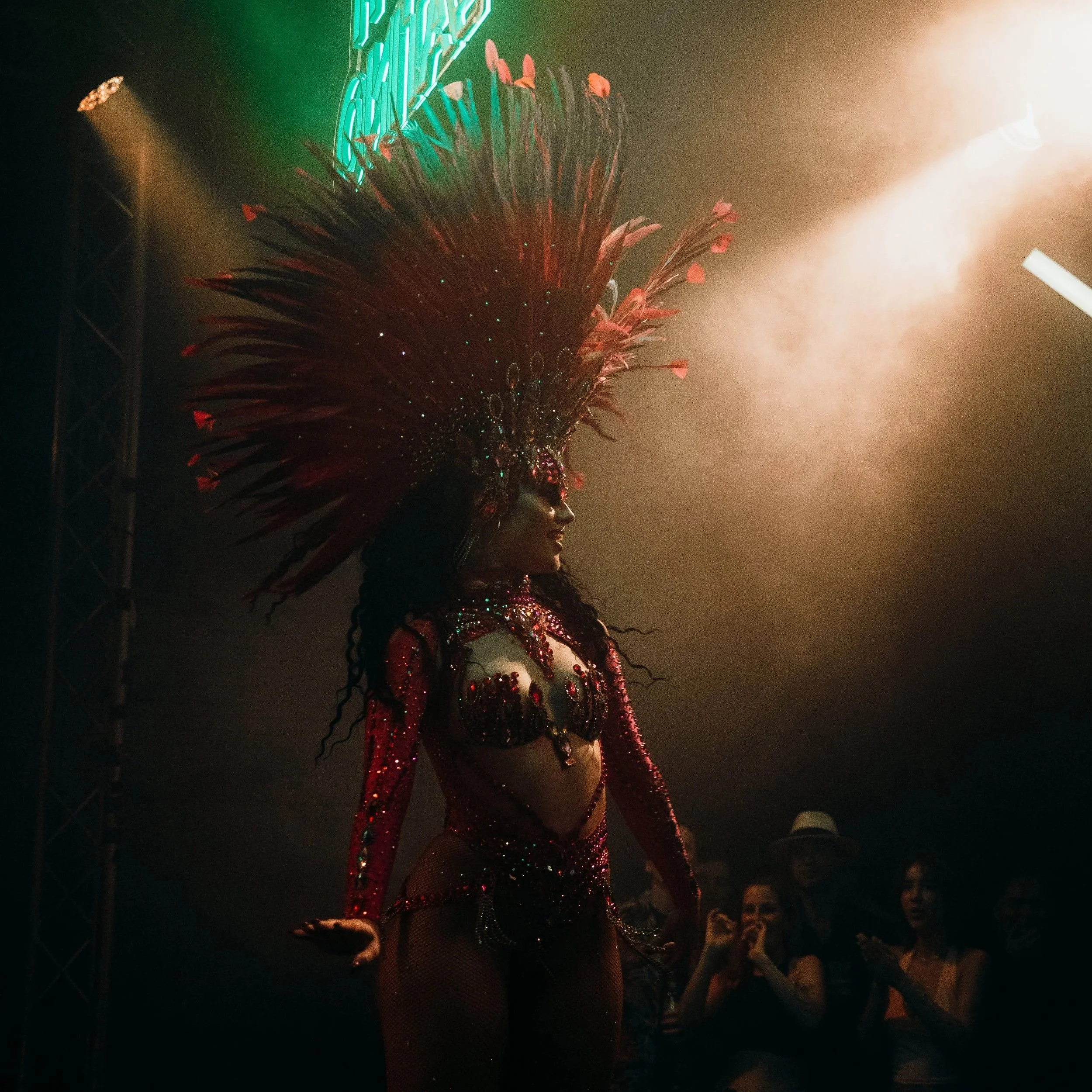 A performer in a flamboyant, red, feathered costume on stage, with a spotlight and audience visible in the background.