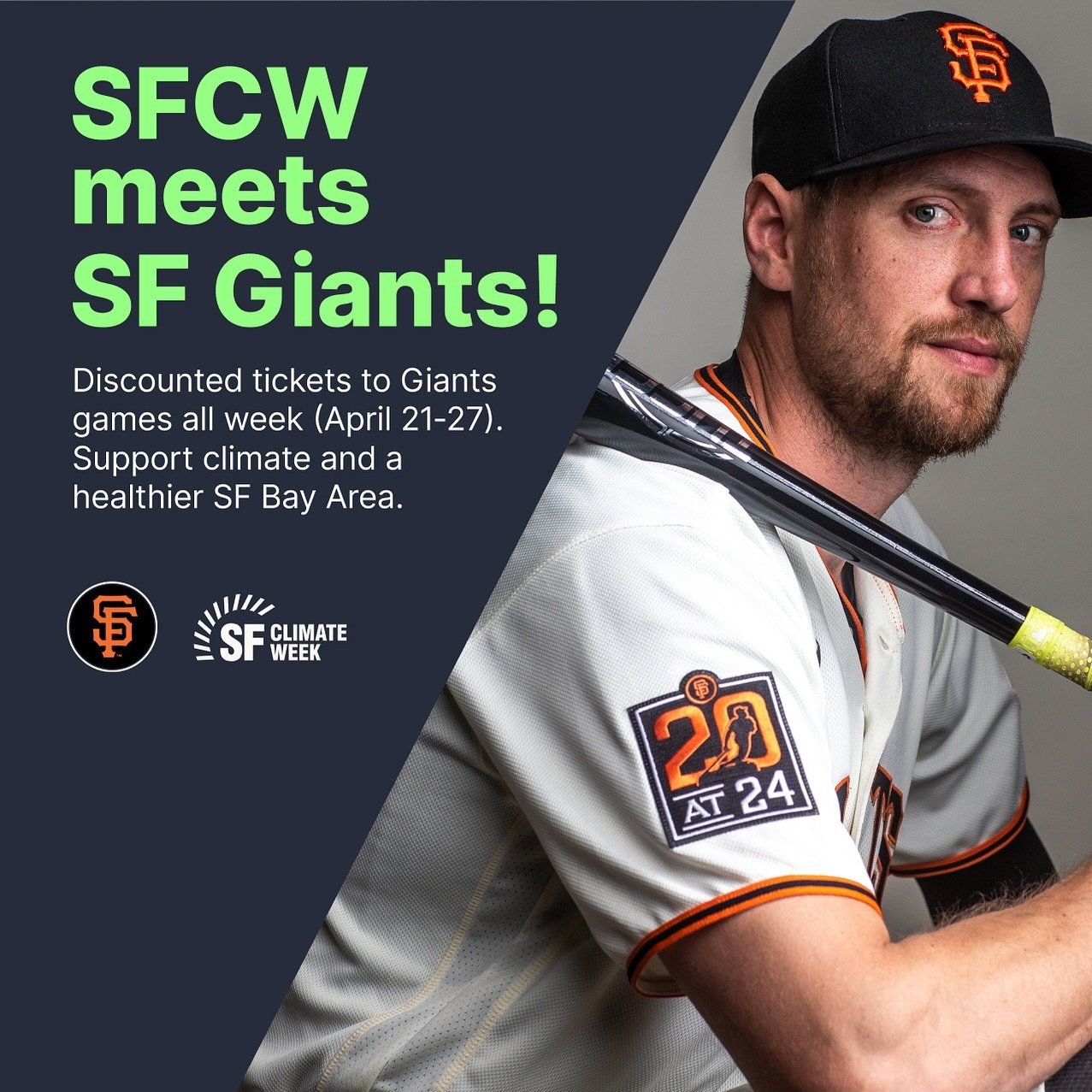 Snag discounted San Francisco Giants tickets and catch a game during SF Climate Week (April 21-27)!

Your ticket not only gets you into the game but also contributes to @hunterpence @healthyplanetproject, fighting pollution and fostering a healthier 