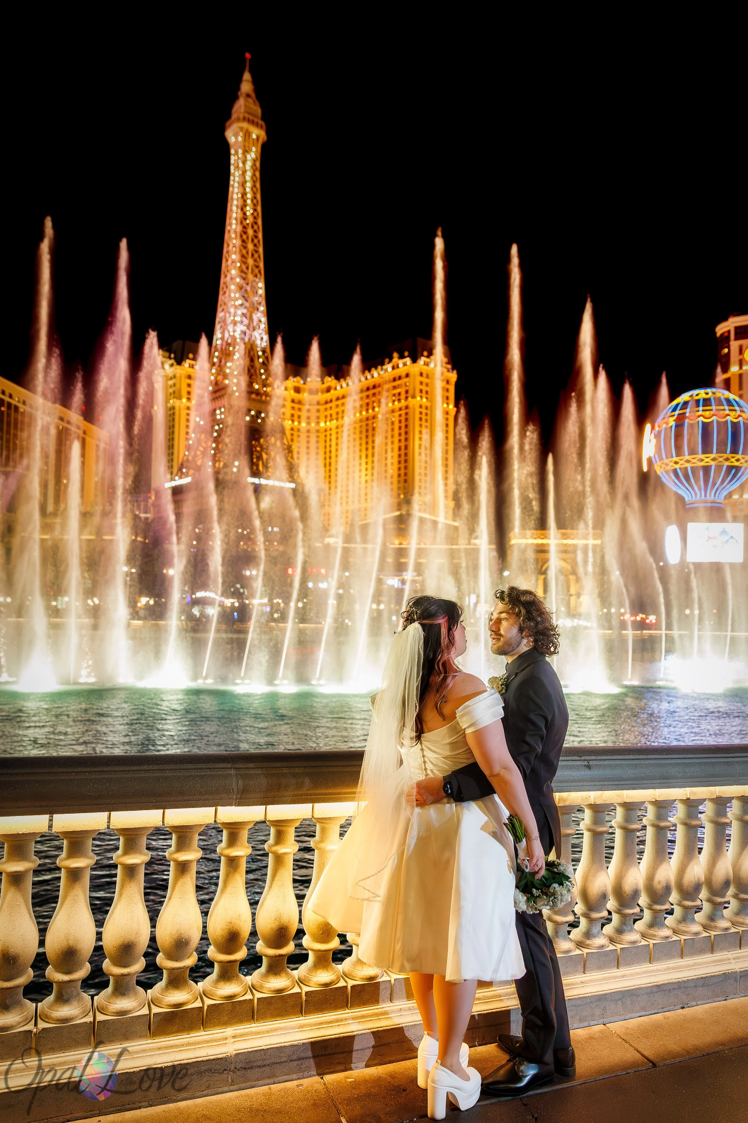 Bellagio fountains wedding portrait at night