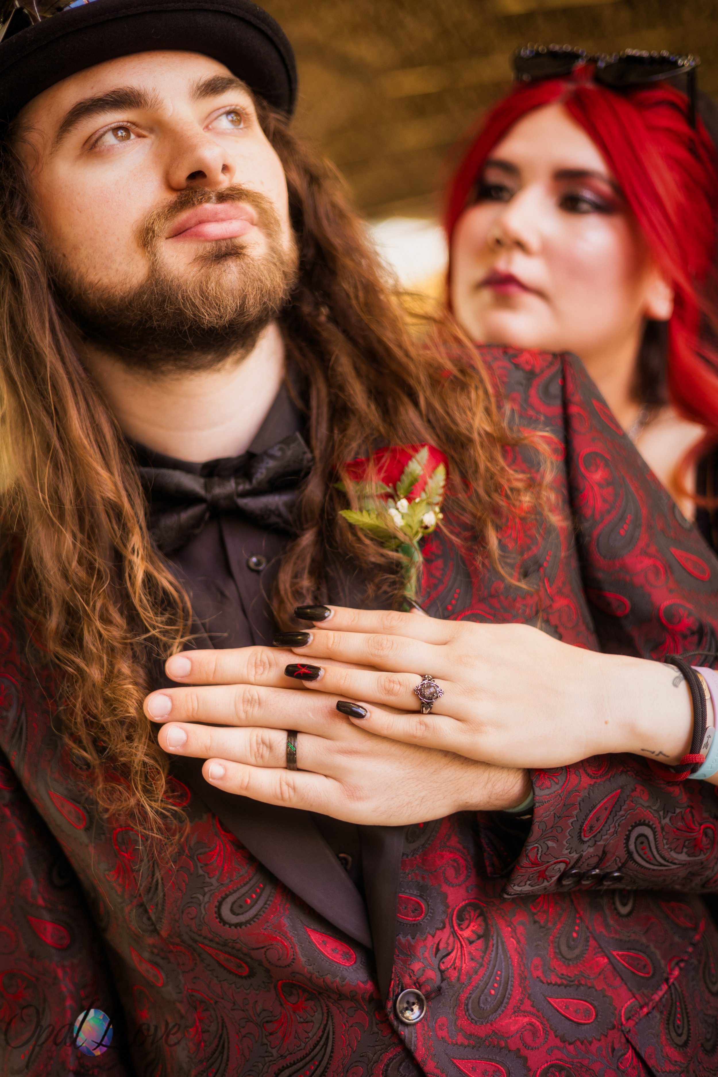 Close-up wedding portrait of groom and bride during Fremont Street photo session in Las Vegas