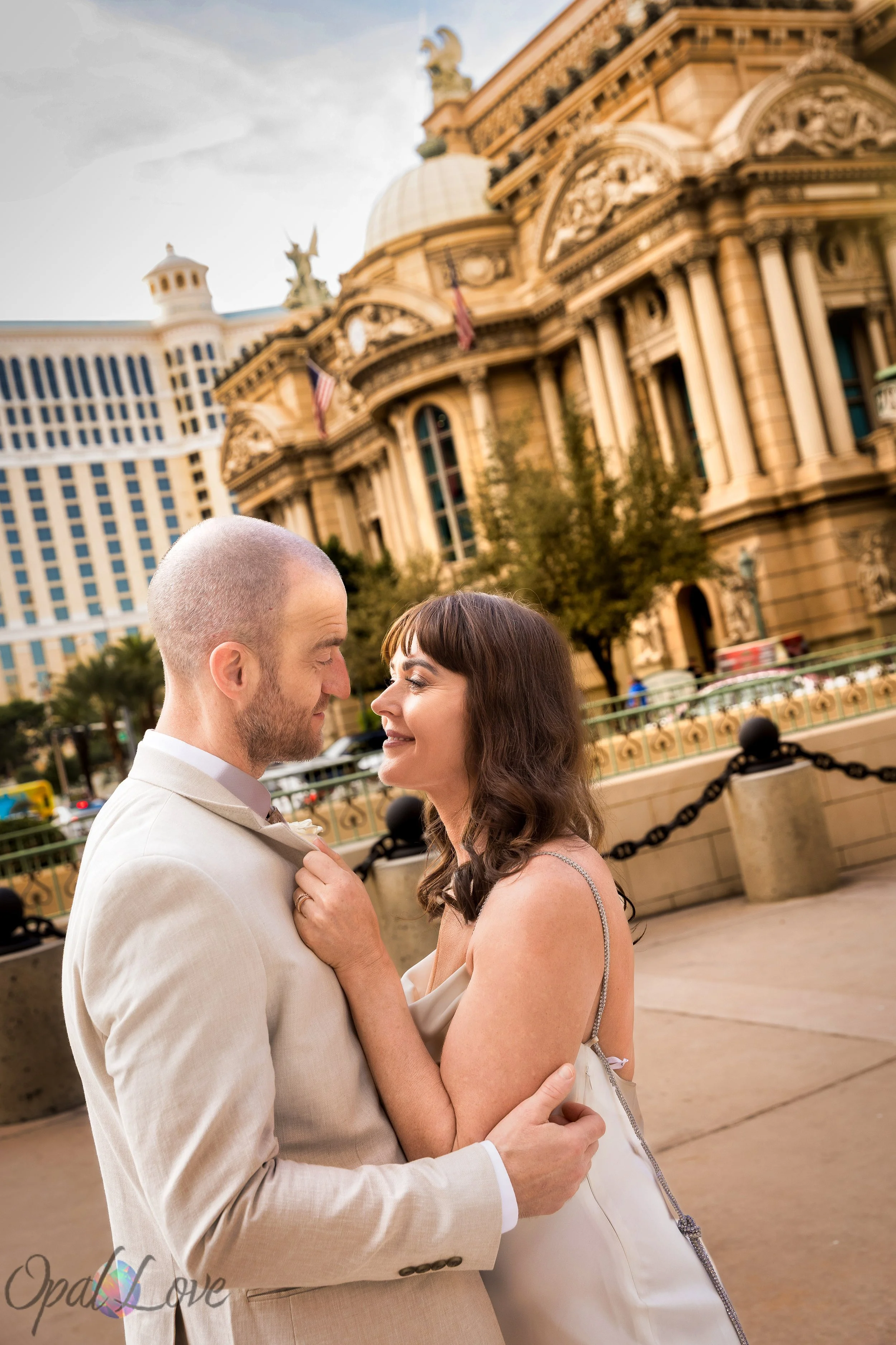 Bride and groom sharing a close moment at Paris, Las Vegas