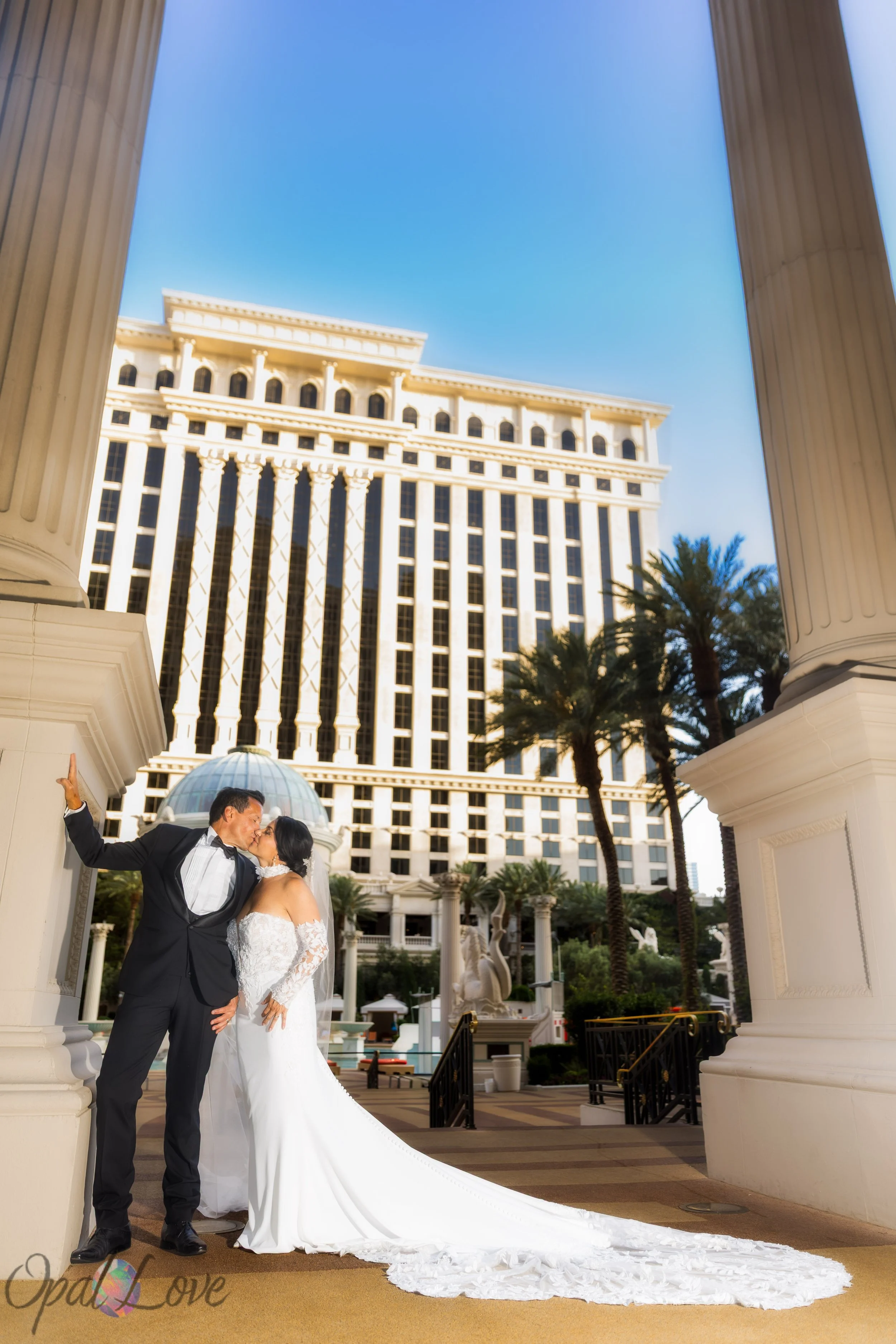 Bride and groom portrait at Caesars Palace before their Las Vegas wedding ceremony