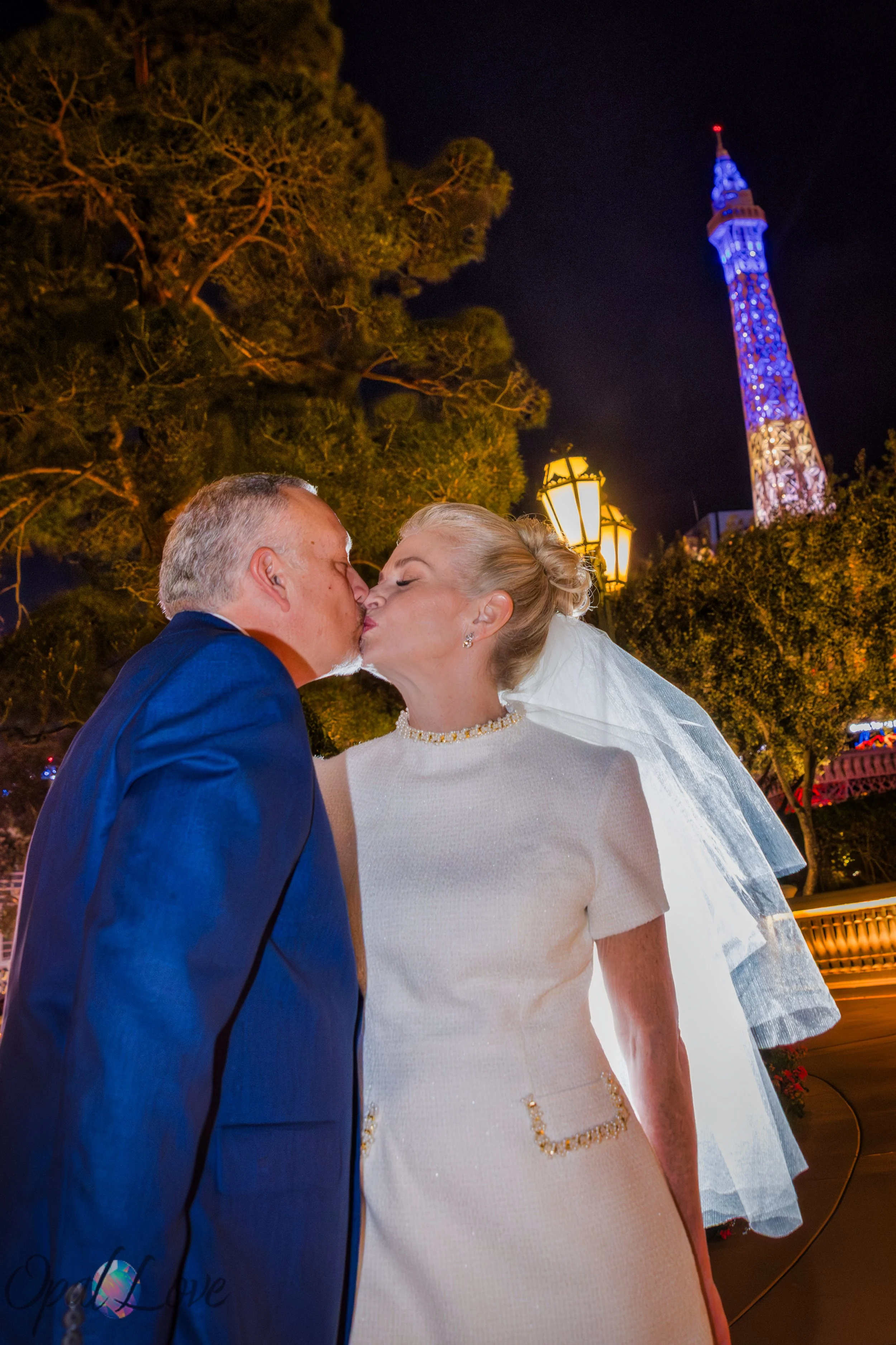 Wide shot couple in Bellagio gardens at night