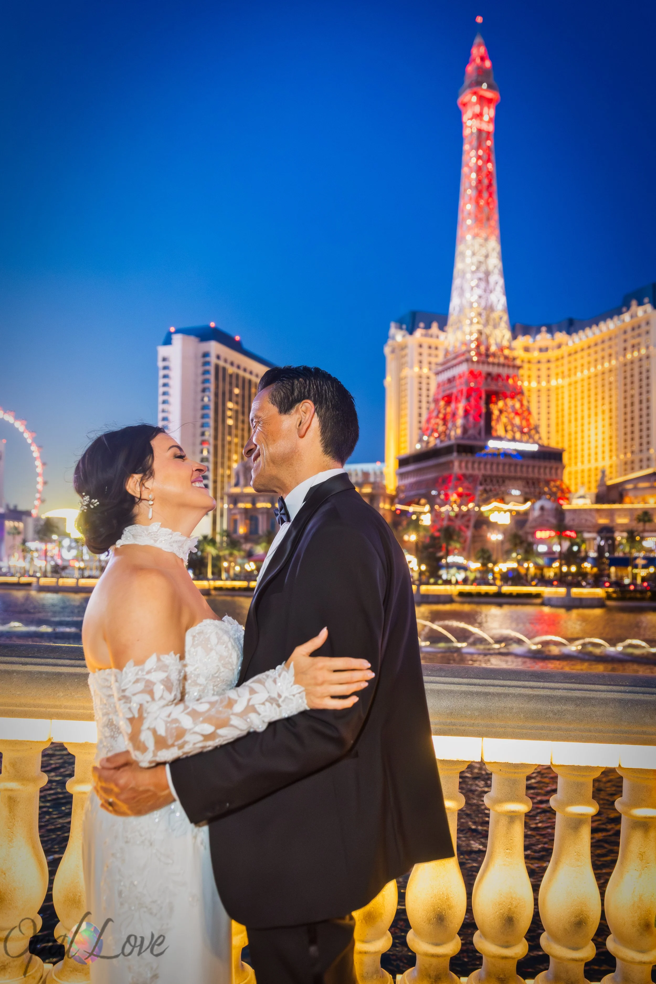 Wedding portrait at Bellagio during nighttime Las Vegas wedding photography session