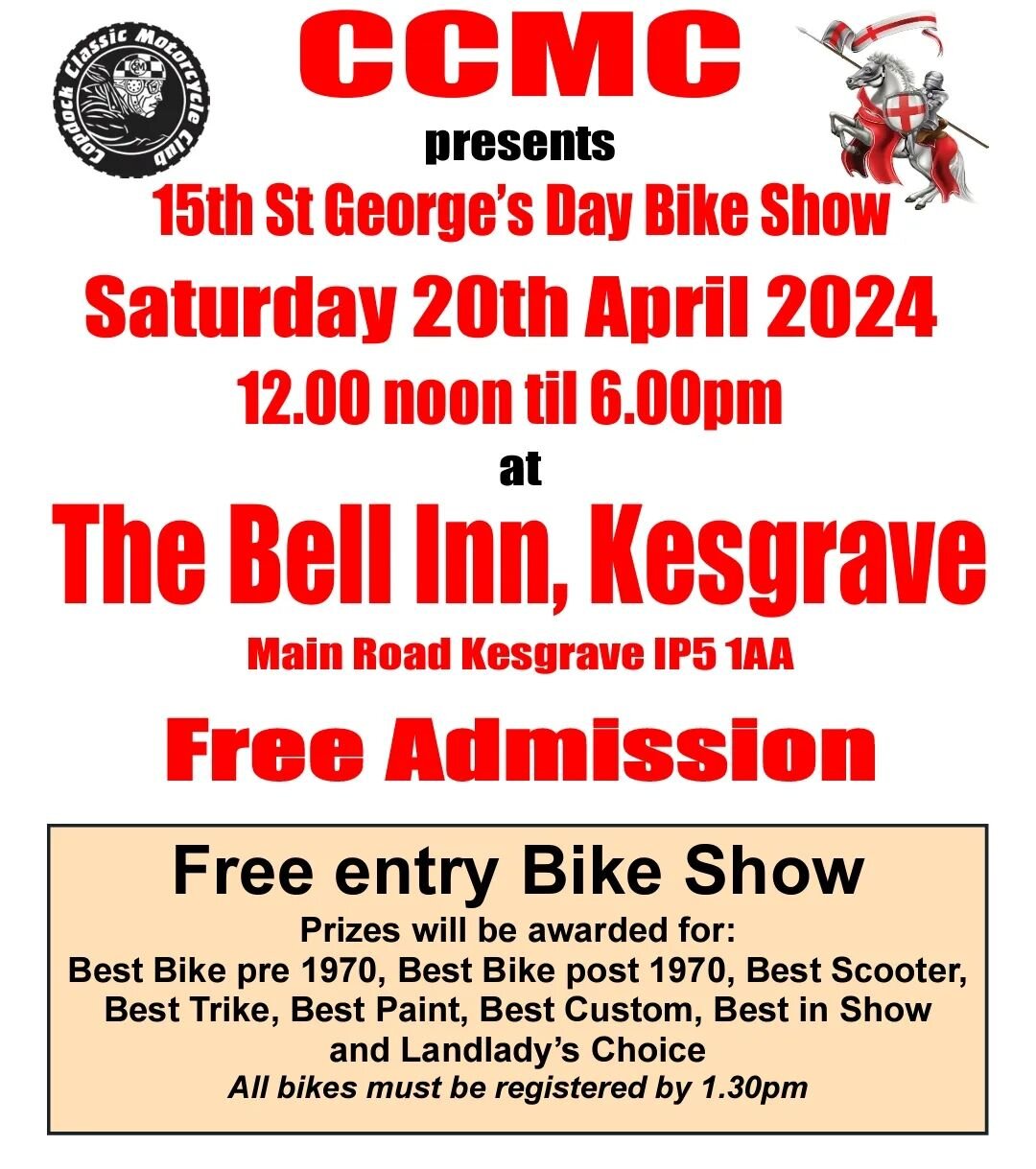 We cannot wait until the 20th April! As that is when the 15th St George's Day Bike Show takes place at The Bell Inn Kesgrave! 

Are you coming? You may miss out if you don't!

#stgeorgesday #bikeshow #eacbikeshow