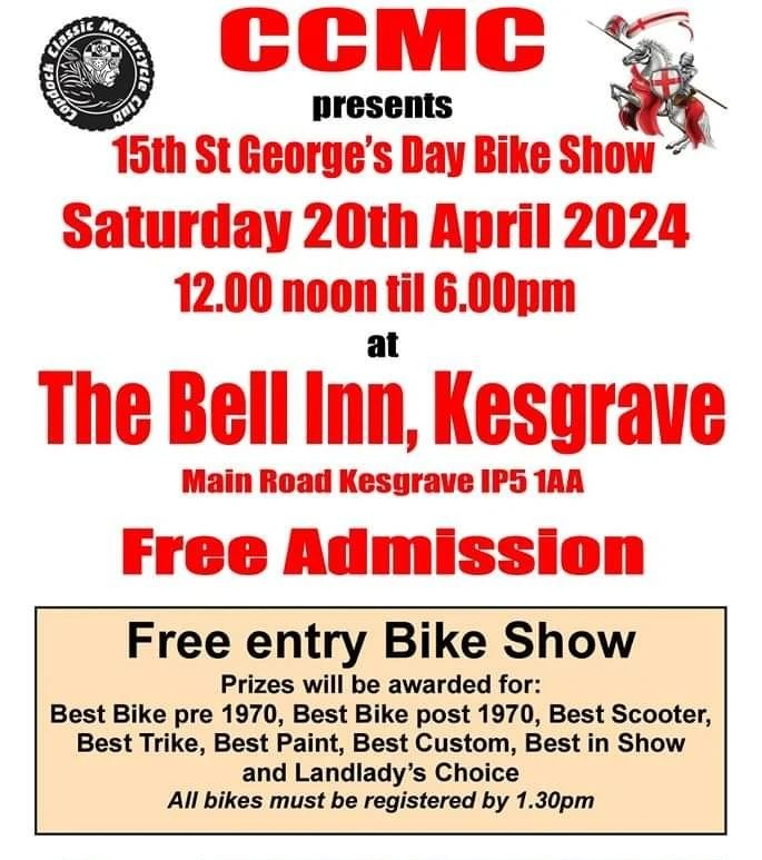 Don't forget our St George's Day Bike Show on the 20th of this month!

Prizes on offer, entertainment provided! It is always a great show, and we ask that you bring your bikes and the good weather!

#bikeshow #stgeorgesday #ipswich