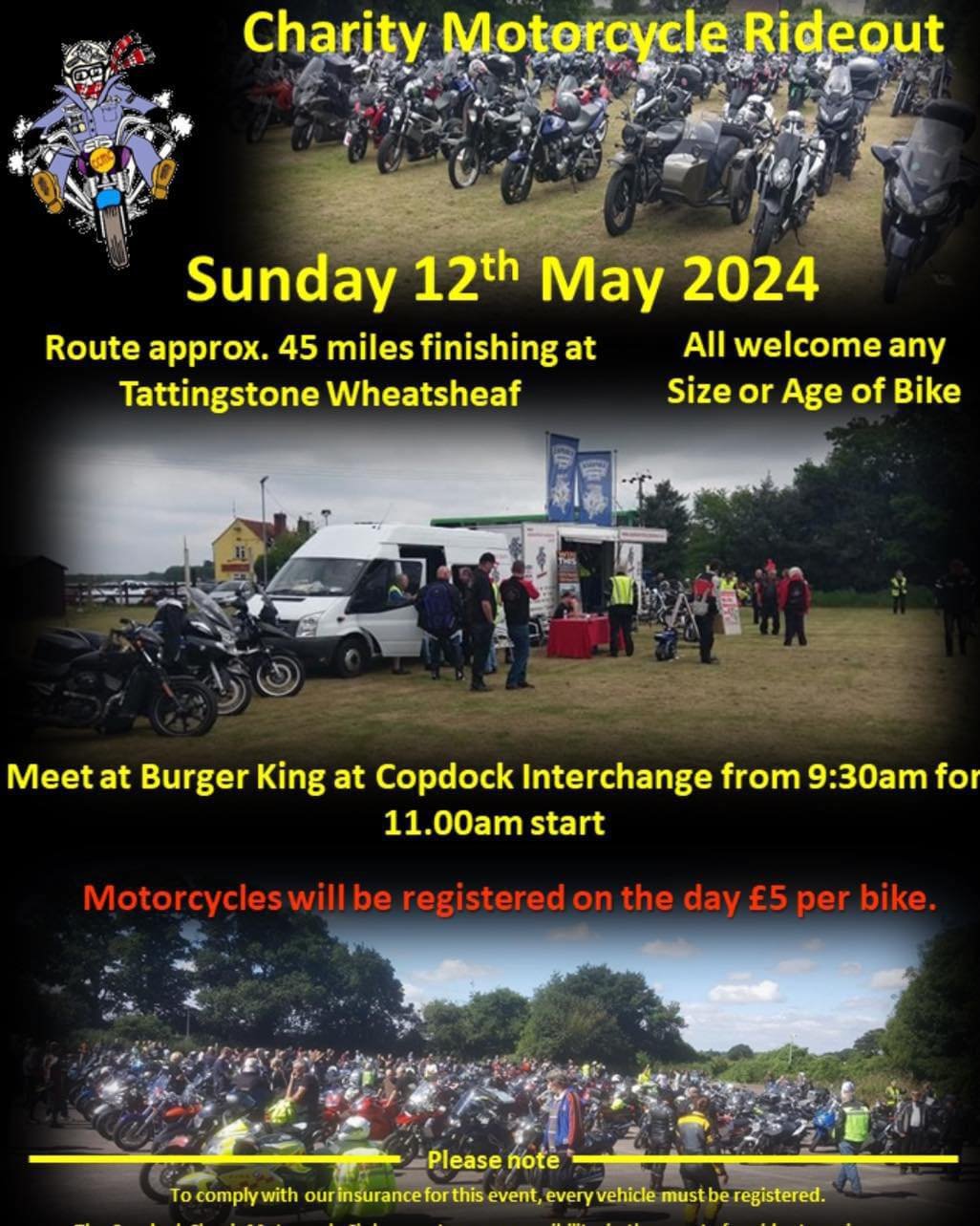 📢 CALLING ALL BIKERS 📢

Join us today for our first charity rideout of 2024. Just &pound;5 to participate with all proceeds going to Pancreatic Cancer UK. 

📍 Burger King, Copdock
⏱️ Registration 0930-1045
🏍️ Departure 1100
🏁 Wheatsheaf for BBQ,