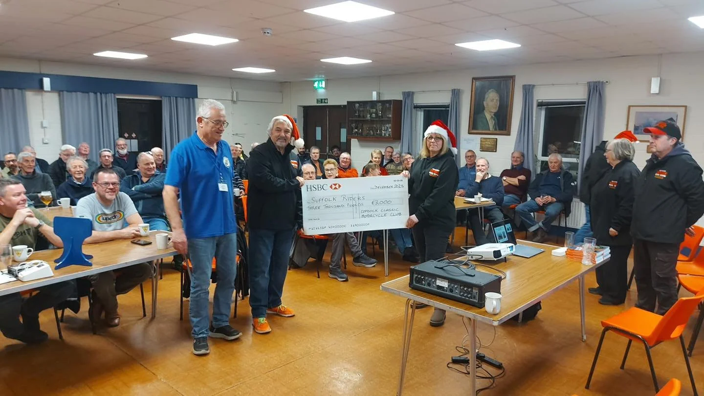 Last night members of The Copdock Classic Motorcycle Club were pleased to be able to give a donation of &pound;3,000 to the Suffolk Riders. Helping riders of all ages to improve their road skills Suffolk Riders have long been helpers and supporters o