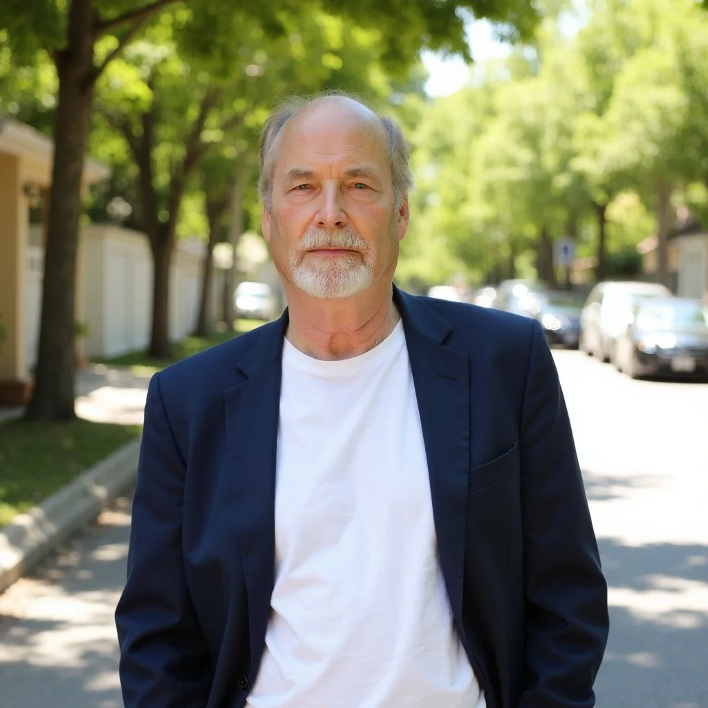 Doctor Jon Thomas standing outdoors on a sunny day, wearing a navy blue blazer and white t-shirt with trees and parked cars in the background.