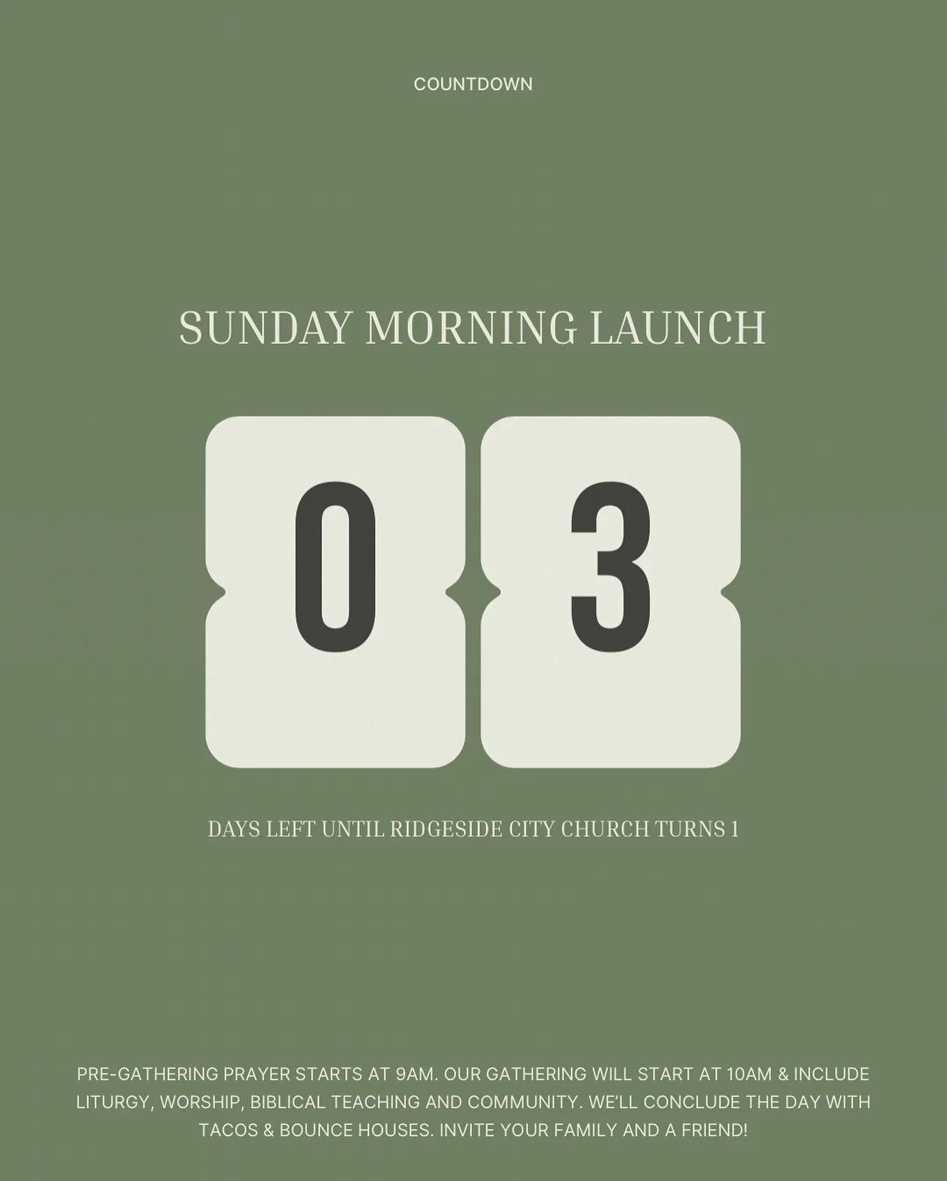 Only THREE days until our Sunday Morning Launch!
We&rsquo;re celebrating 1 year of Ridgeside City Church and you&rsquo;re invited! 🙌🏼

9AM: Pre-Gathering Prayer

10AM: Worship, Liturgy, Teaching &amp; Community

Tacos &amp; bounce houses to follow!