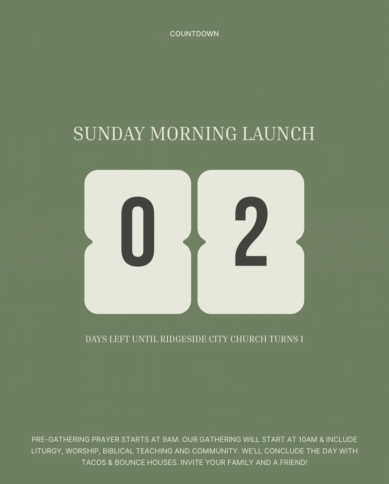 Only TWO days until our Sunday Morning Launch!
We&rsquo;re celebrating 1 year of Ridgeside City Church and you&rsquo;re invited! 🙌🏼

9AM: Pre-Gathering Prayer

10AM: Worship, Liturgy, Teaching &amp; Community

Tacos &amp; bounce houses to follow!

