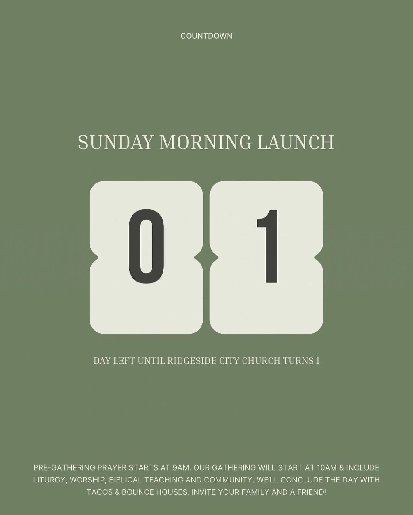 TOMORROW IS THE BIG DAY!

We&rsquo;re celebrating 1 year of Ridgeside City Church and you&rsquo;re invited! 🙌🏼

9AM: Pre-Gathering Prayer

10AM: Worship, Liturgy, Teaching &amp; Community

Tacos &amp; bounce houses to follow!

Bring your family, br