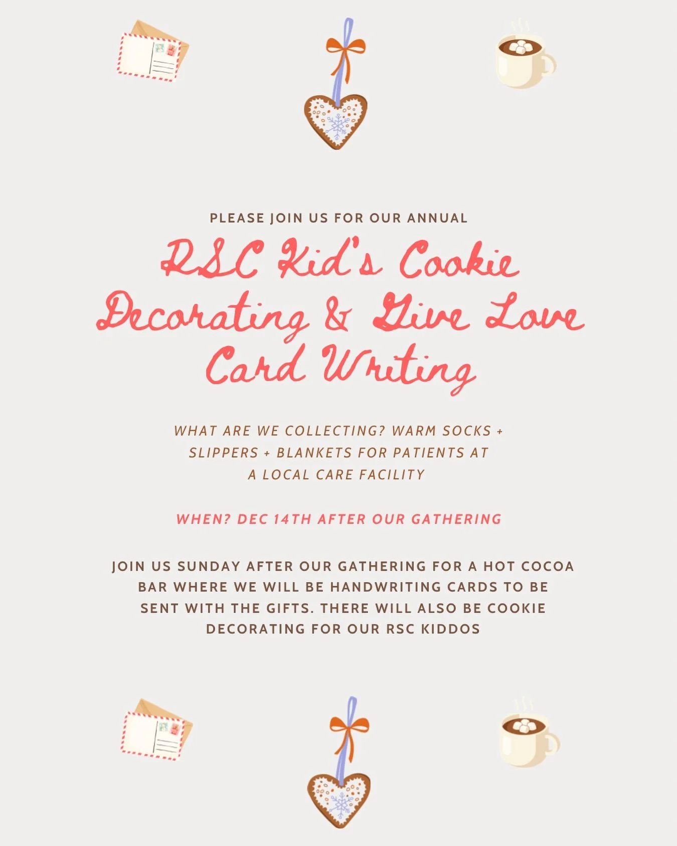 RIDGESIDE FAMILY! Join us for our annual RSC Kid&rsquo;s Cookie Decorating &amp; Give Love Card Writing! 💌
On Dec 14th, right after our gathering, we&rsquo;ll enjoy a cozy hot cocoa bar while handwriting cards to bless patients at a local care facil