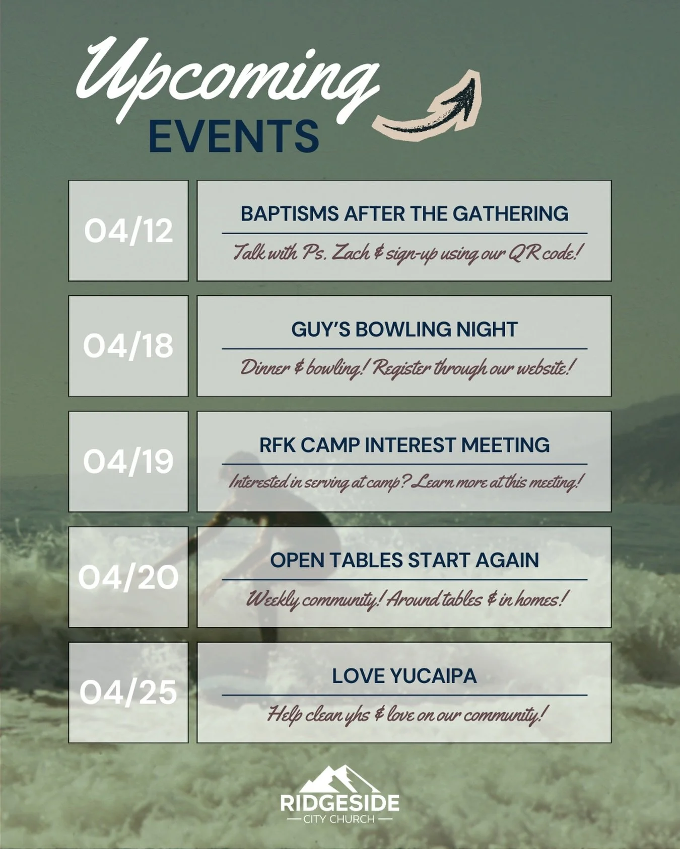 Save this post if you call Ridgeside home, and keep an eye on our Instagram Stories for the links&mdash;or sign up at our Sunday gatherings using the QR code!