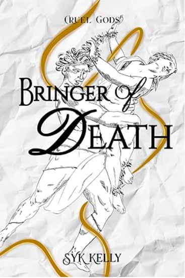 Book cover titled 'Bringer of Death' by Syl Kelly, featuring abstract line art of a pagan figure and a sword, with crumpled paper background.