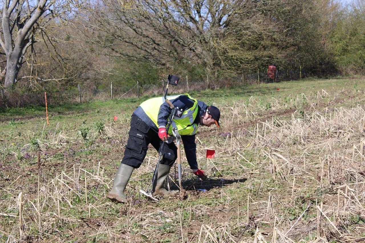 A metal detectorist wearing black trousers and a bright green hi-vis vest bends over in a field to place a red flag into brown soil