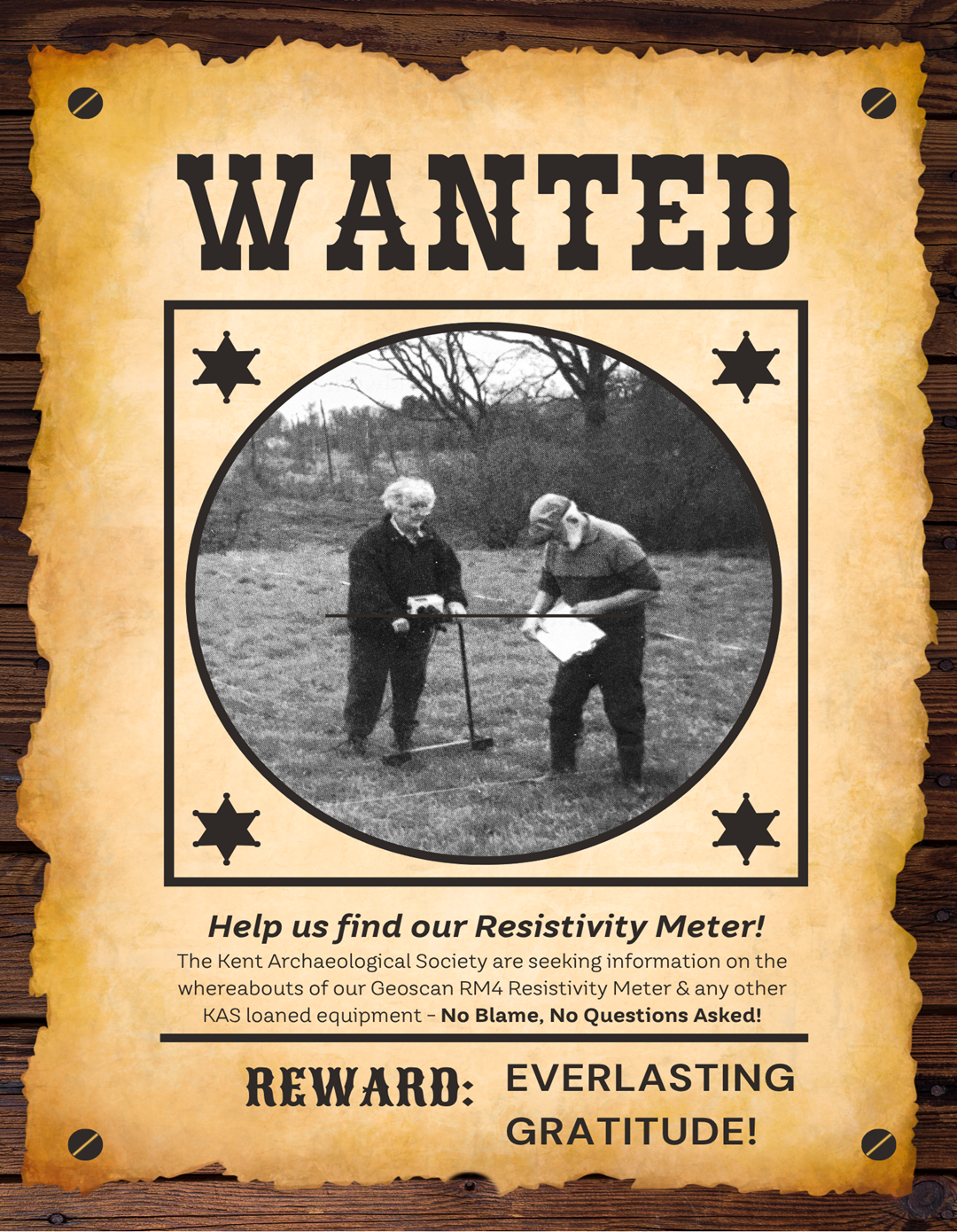 A Western-Cowboy style wanted poster asking for information on KAS Resistivity and other equipment, with a black & white picture in the centre showing the equipment in use
