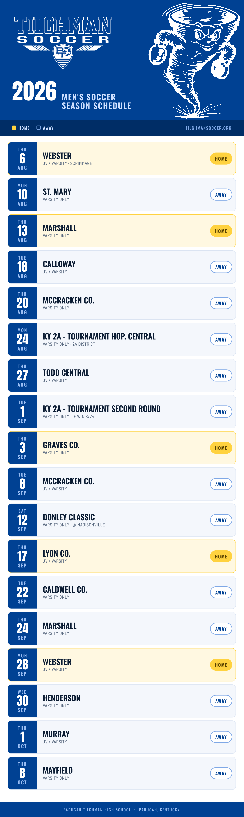 2026 Paducah Tilghman Men's Soccer Schedule