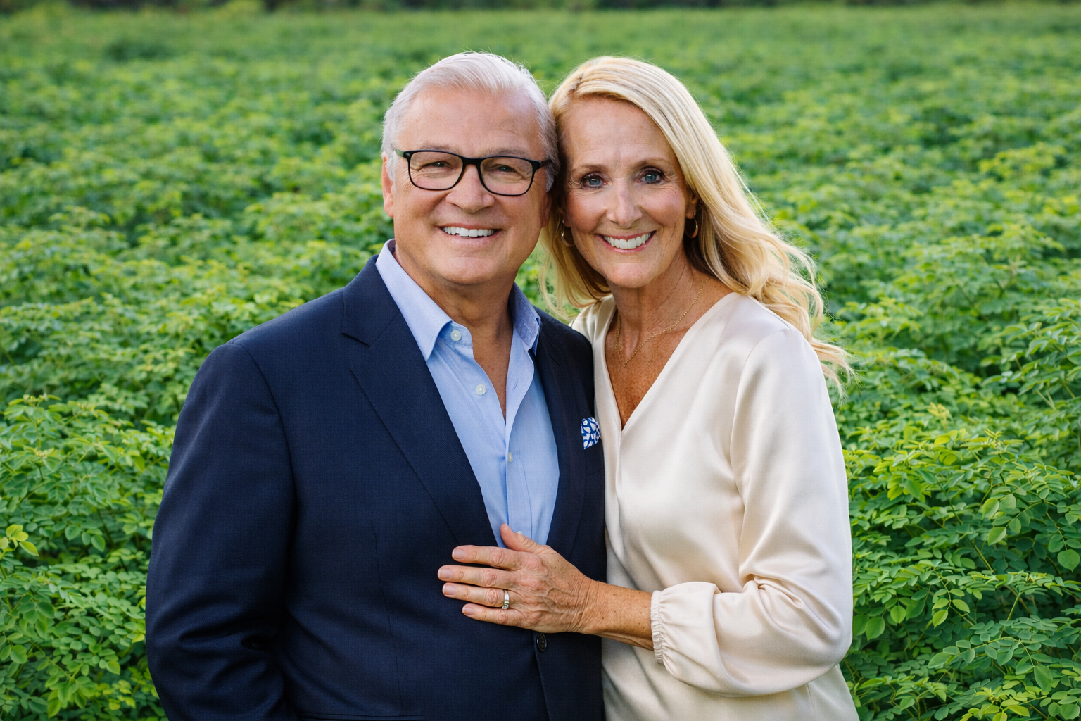 A happy couple smiling in a green field of plants, with the man wearing glasses and a navy blazer and the woman wearing a white satin blouse, standing close and touching hands.
