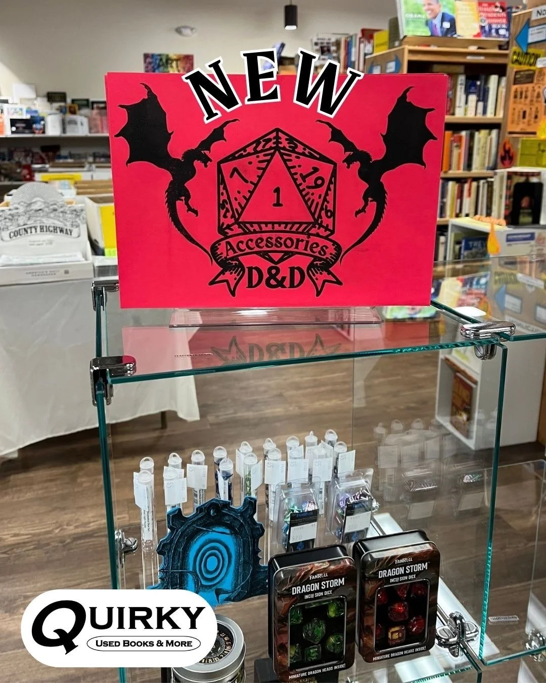 Calling all D&amp;D lovers and those who love them🙌 We have D&amp;D accessories to aid you in playing your perfect campaign. Find them in the front of the store!

#dnd #bookstore #supportlocal #games #abq