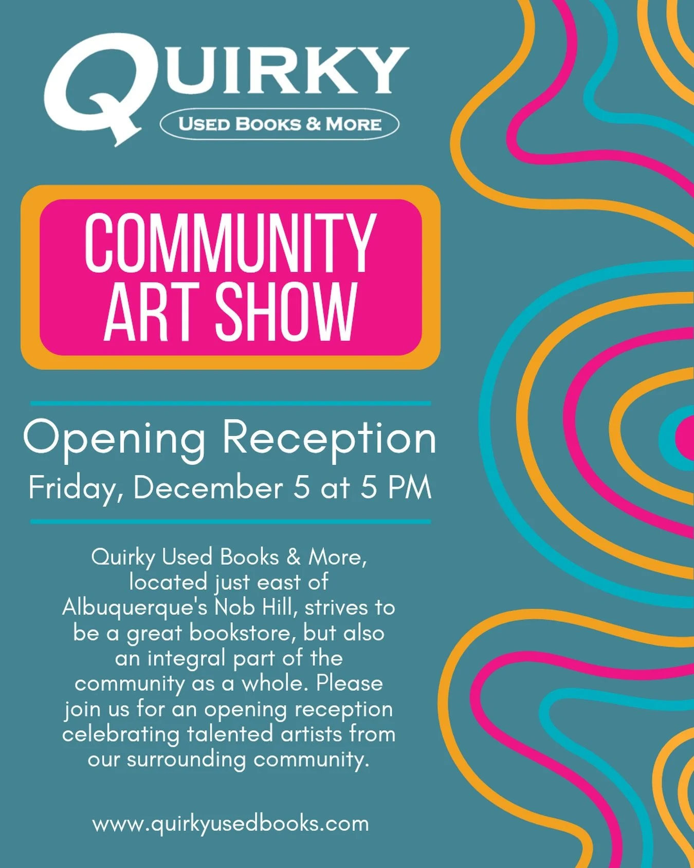 This Friday, December 5th! Come experience incredible art from community members! Starting at 5 pm we will be hosting the opening reception for our community art show. Bring friends and enjoy people&rsquo;s hard work🎨 

#abq #art #bookstore #support
