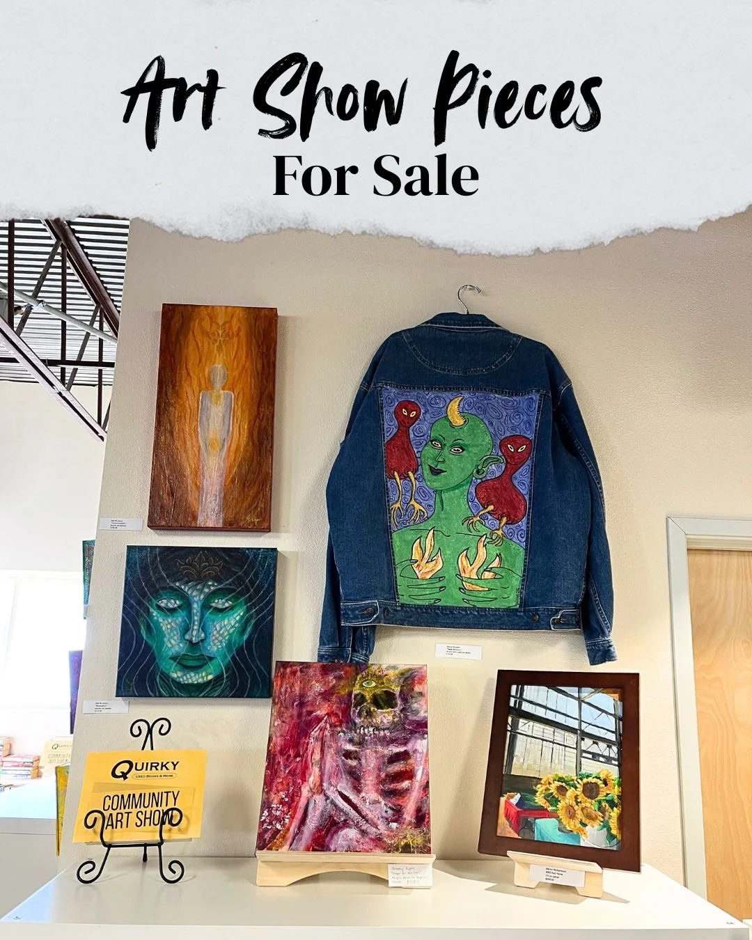 We still have art for sale! Did you miss the art show but are interested in purchasing a piece of incredible work? Artwork in the back of the store are looking for homes🎨 #bookstore #art #artforsale #supportlocalartists