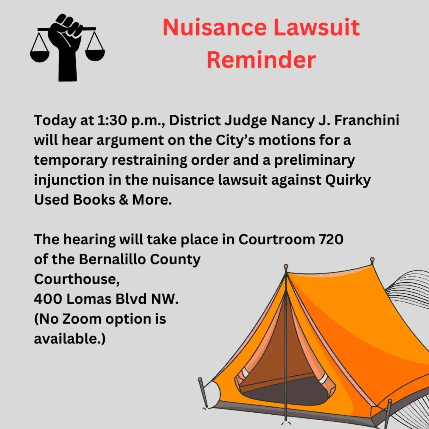 The hearing will be listed as "State of New Mexico ex rel. City of Albuquerque v. Jefferson Central LLC and Gillam Kerley".

If you wish to attend, please be aware that cell phones are prohibited inside the courthouse, and everyone entering