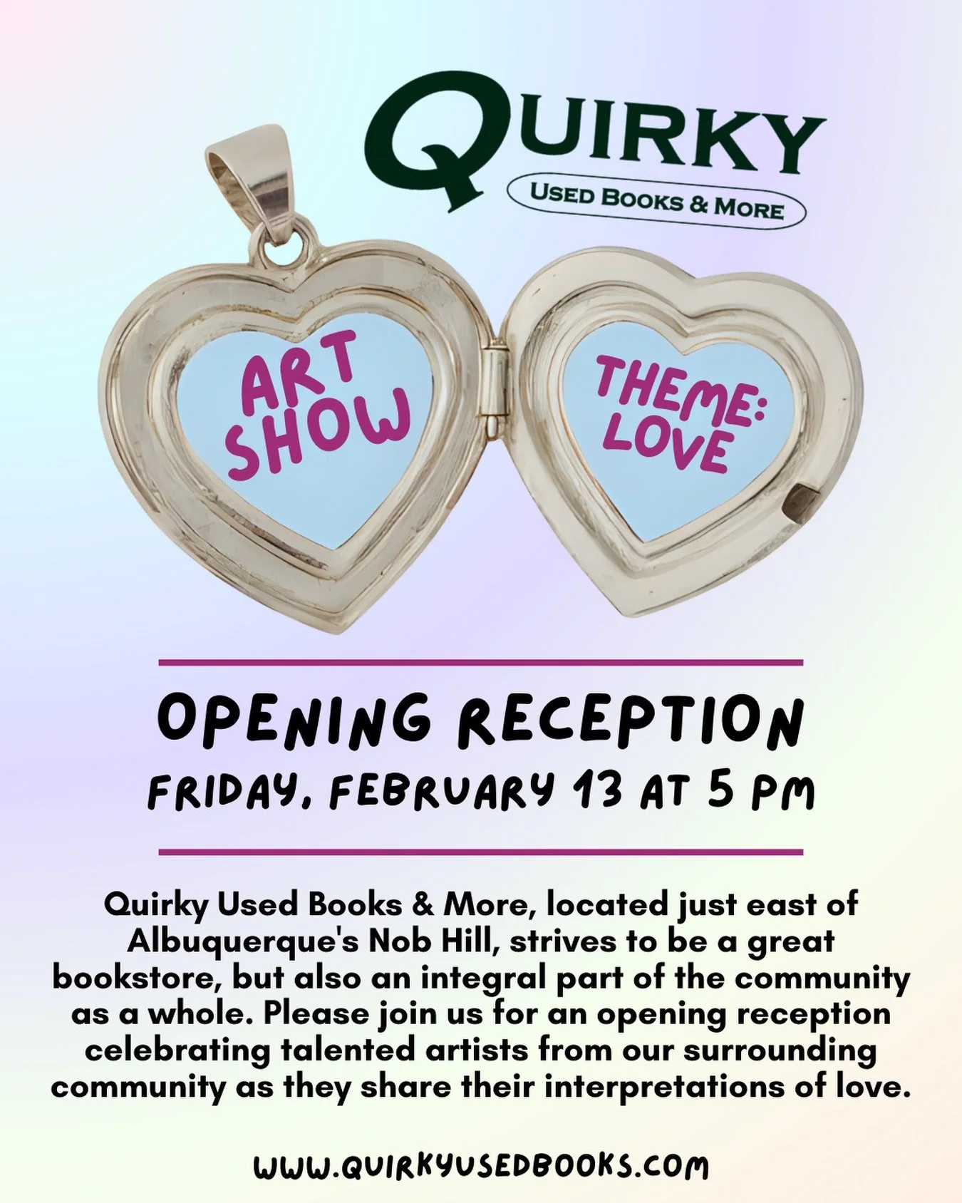 Quirky Used Books &amp; More, located just east of Albuquerque&rsquo;s Nob Hill,  strives to be a great bookstore, but also an integral part of the community as a whole.

We&rsquo;ll be having another art show in February! The theme of this art show 