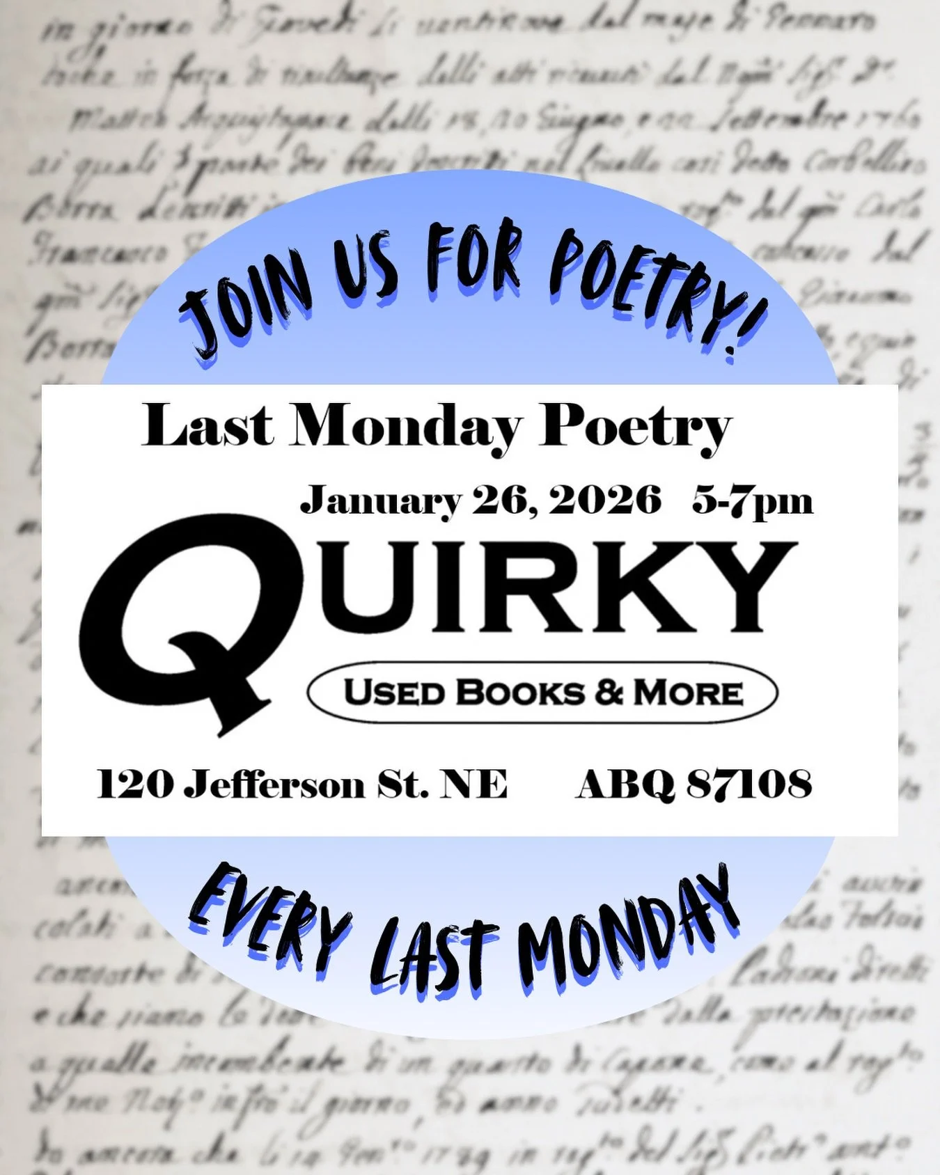 We&rsquo;re excited to announce Last Monday Poetry! Enjoy poetry readings on January 26th here at Quirky. Led by @beatpw PW Covington, a local author and poet. &ldquo;Let&rsquo;s fill the space with words of witness, power, resilience, and hope.&rdqu