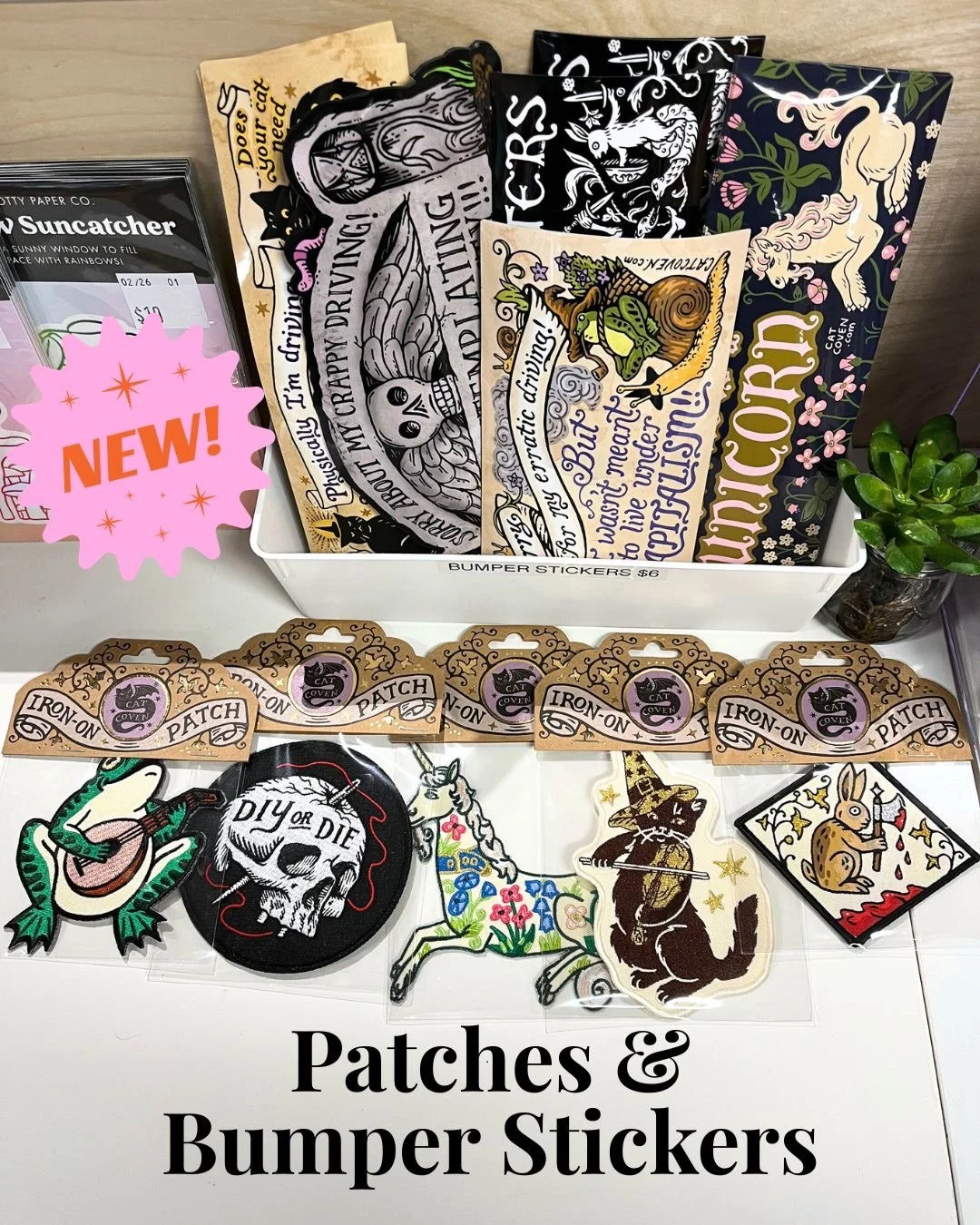 We now carry @cat_coven bumper stickers and patches! Decorate your car with silly fantasy stickers and go crazy with these beautiful patches✨ Find them by the register