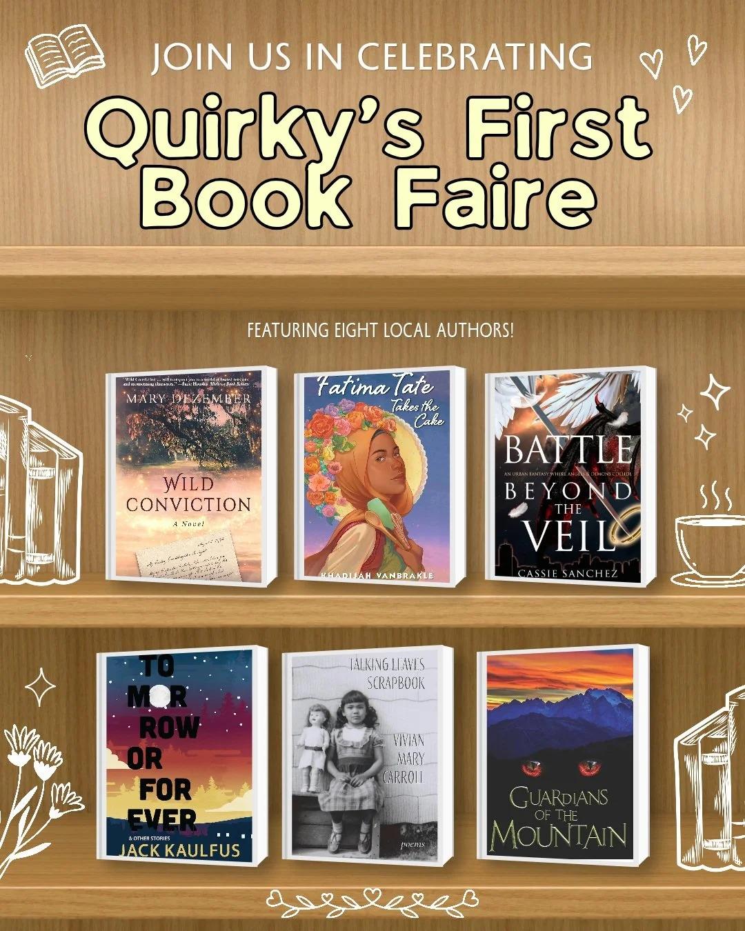 Please join us in supporting the following local authors that day by coming by their tables, checking out their books, chatting with them, buying a book or two from them, and hanging out!

Here are the authors that will be represented at the first Bo