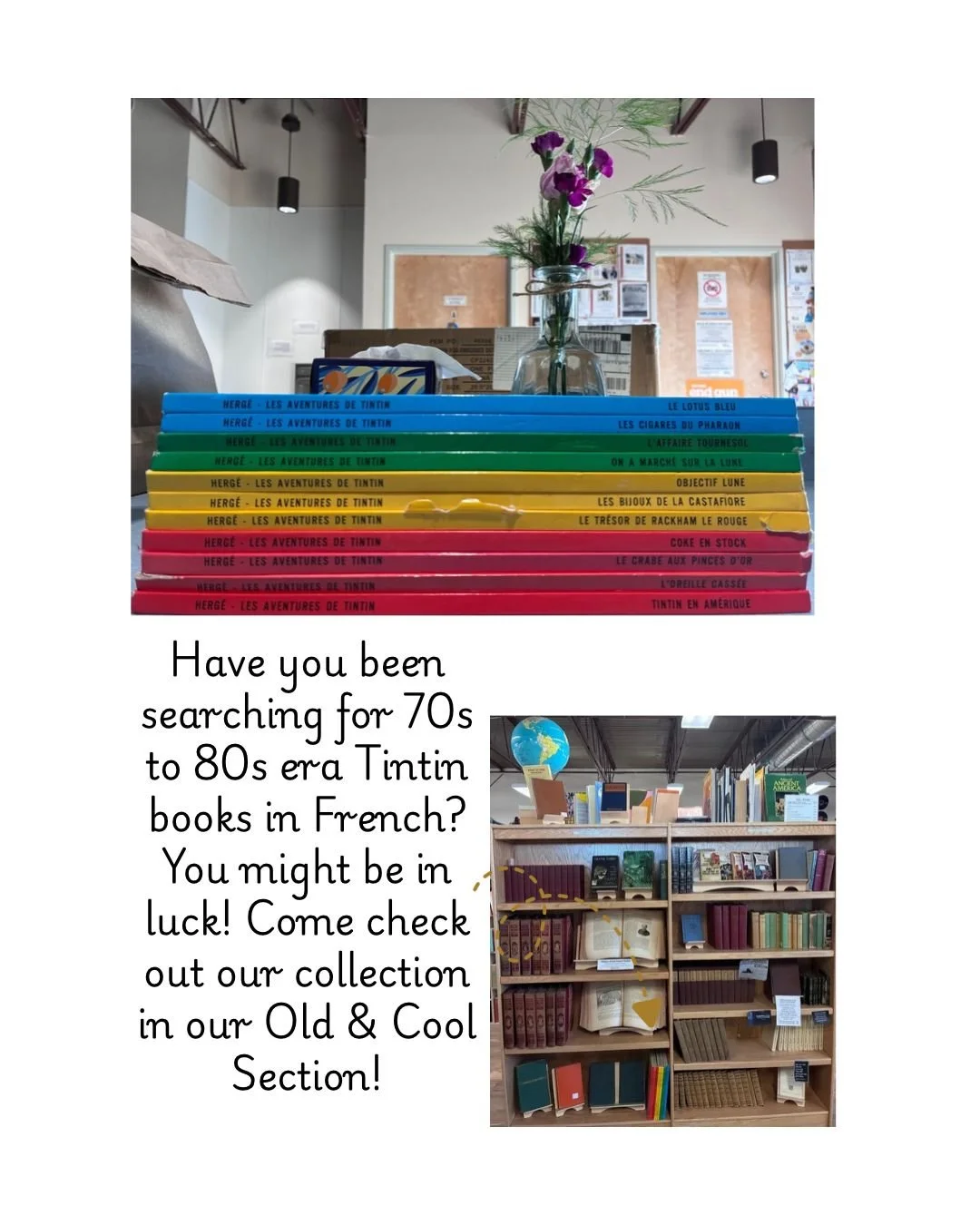 Did you know that Quirky Used Books has a selection of fiction and nonfiction books in Spanish, French, and several other languages? Most recently we acquired almost a dozen 70s-80s era Tintin volumes in French! If that is precisely your jam, come in