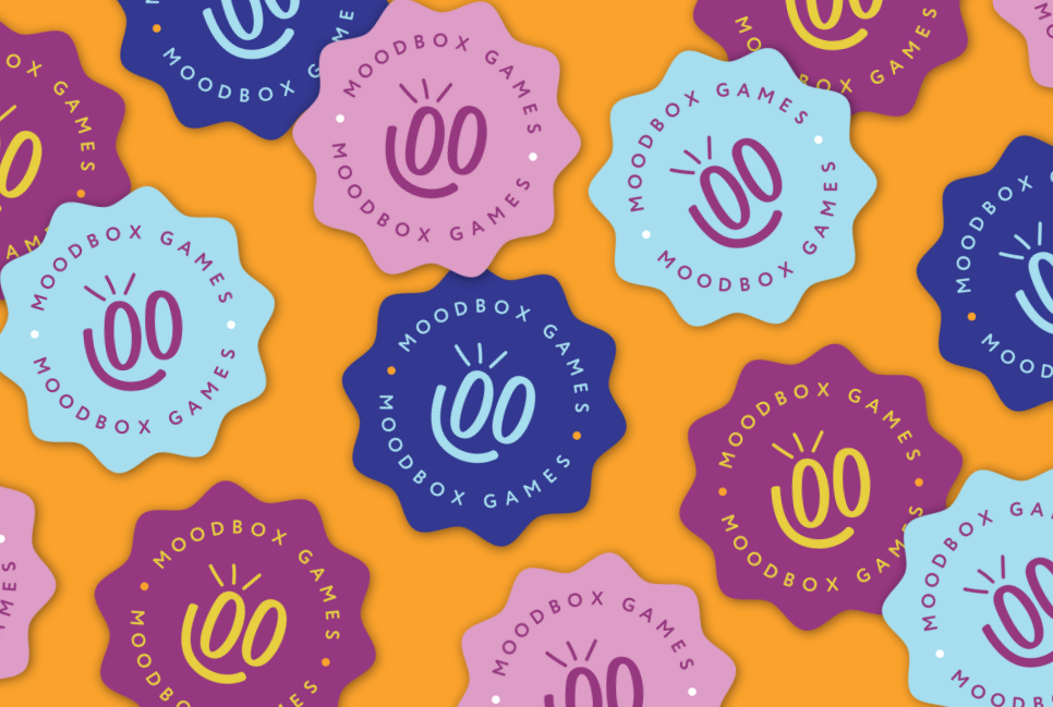 Custom logo badge and repeat pattern designed by Allie Marie Design for the Moodbox Games brand identity