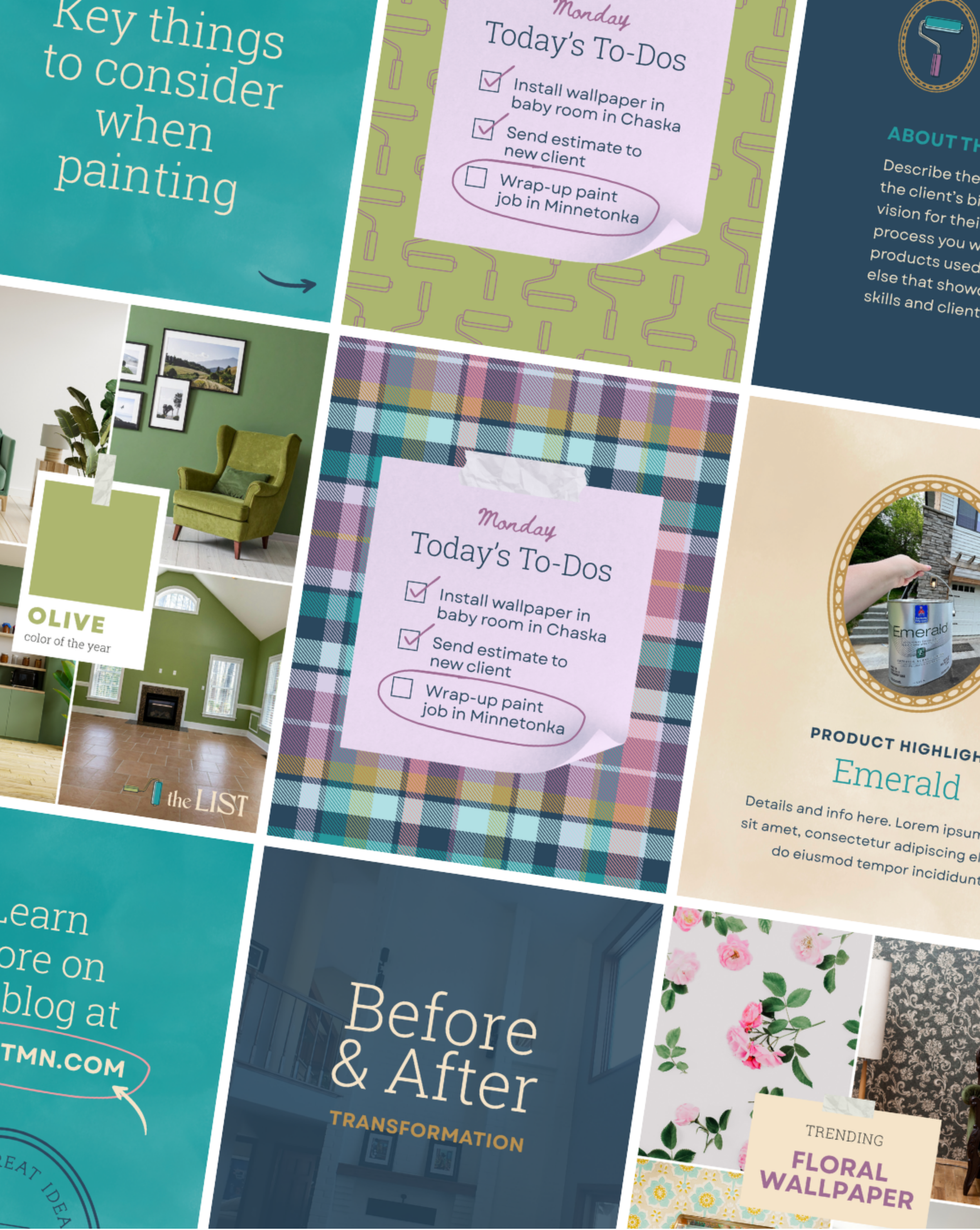 A collage showing the cohesive Instagram grid strategy for The List, featuring project transformations, floral wallpaper trends, and "before & after" content designed by Allie Marie Design.