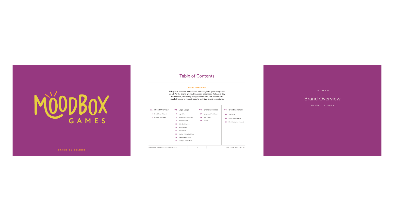 Brand guidelines and visual identity system designed by Allie Marie Design for Moodbox Games including typography color palette and usage rules