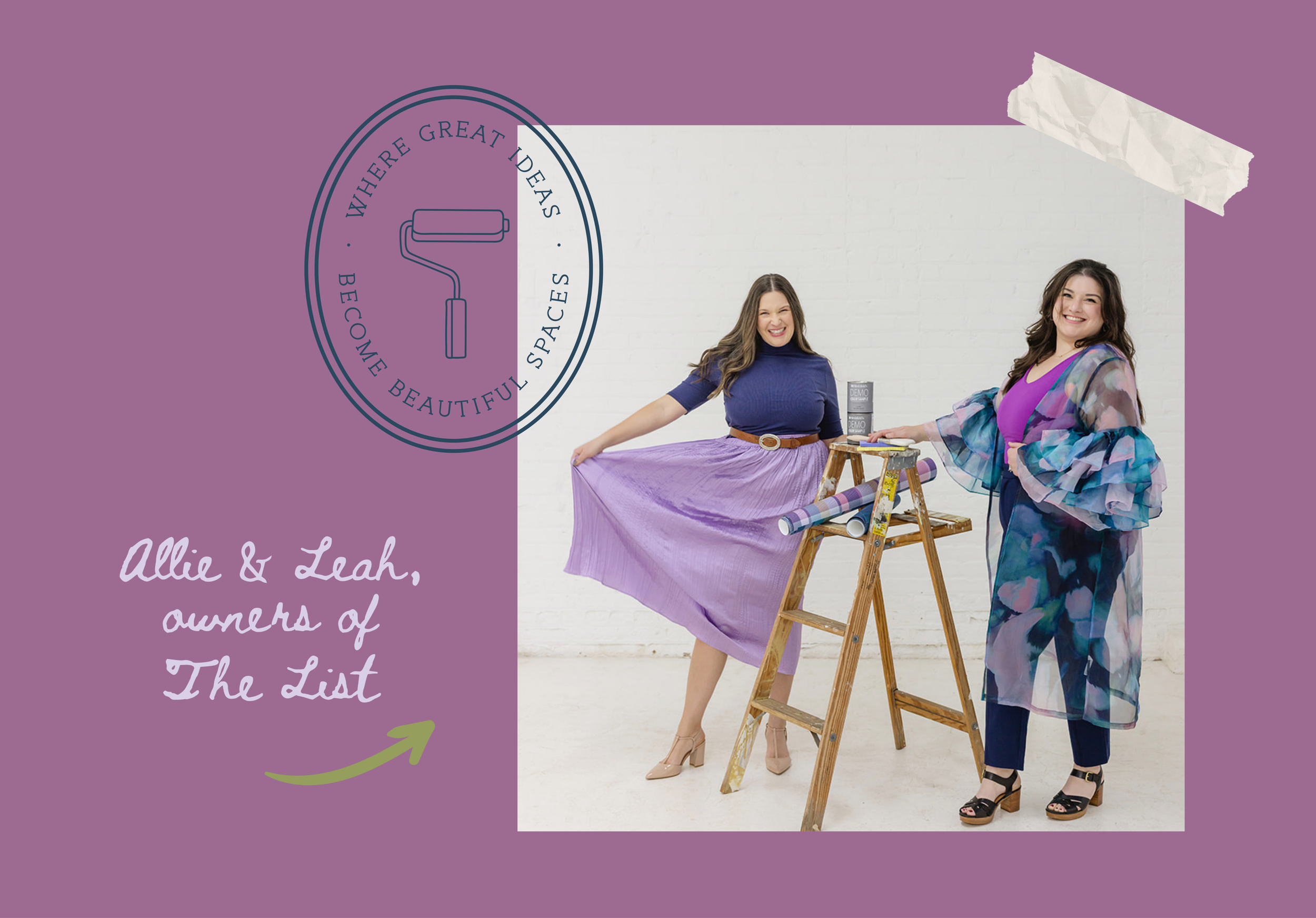 Lifestyle brand mockup for The List by Allie Marie Design, featuring owners Allie and Leah on a vibrant plum background with secondary brand seals and stylized handwriting elements.