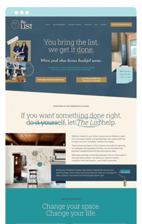Custom Squarespace website design for The List by Allie Marie Design, featuring a professional blog layout, testimonials, and a colorful visual identity for a home services brand.