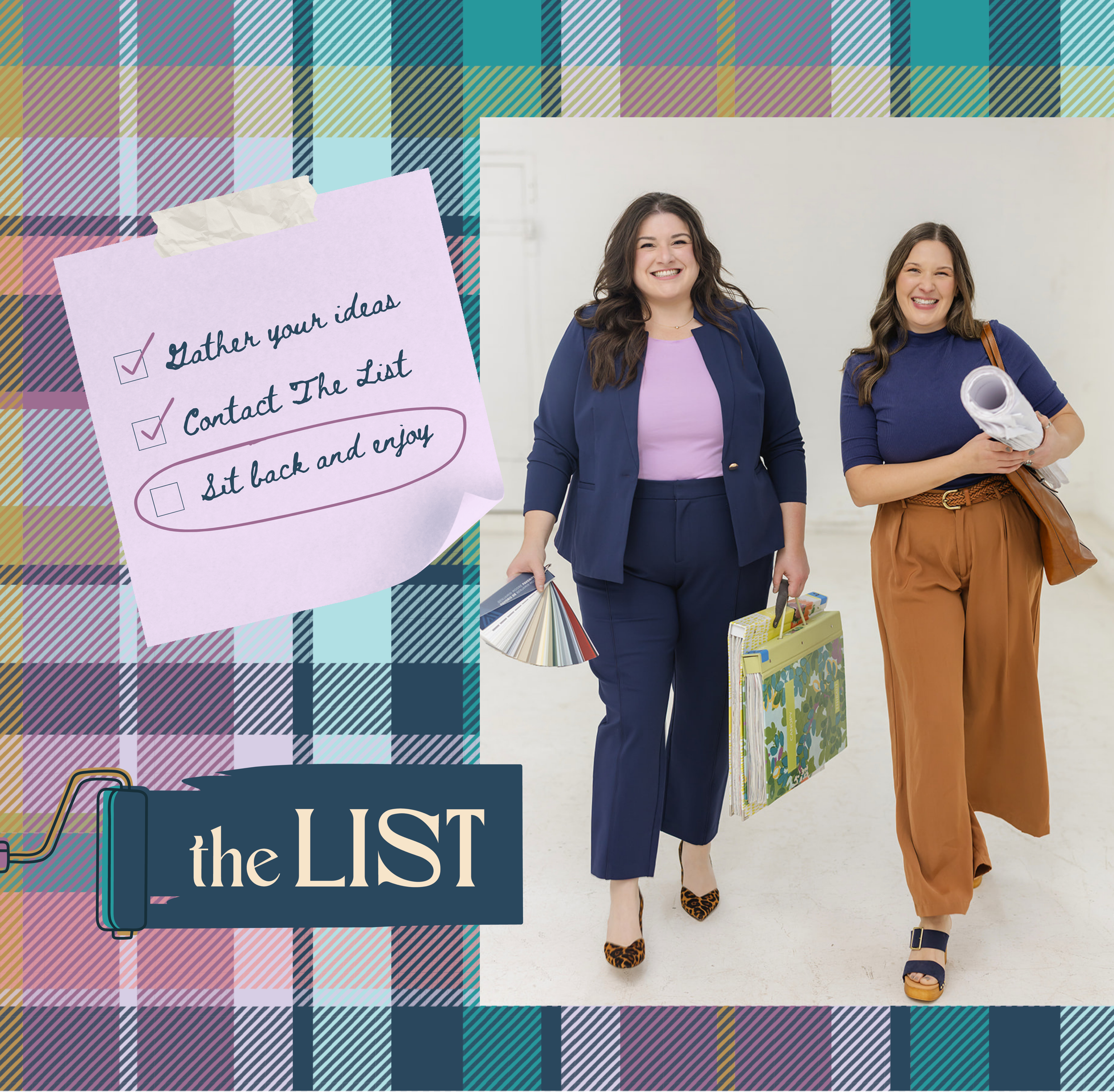 Lifestyle brand mockup for The List by Allie Marie Design, featuring the company founders alongside playful plaid patterns and handwritten brand elements for a Minneapolis painting and installation firm.