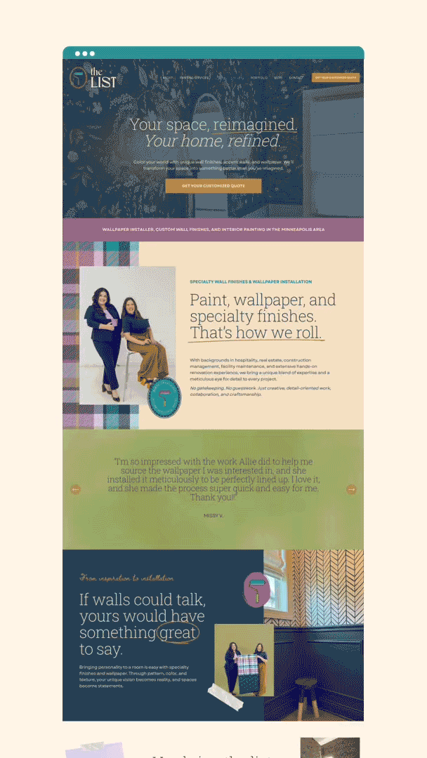 Full-page Squarespace website design mockup for The List highlighting specialty wall finishes, wainscoting, and wood accents in the Minneapolis area, designed by Allie Marie Design.