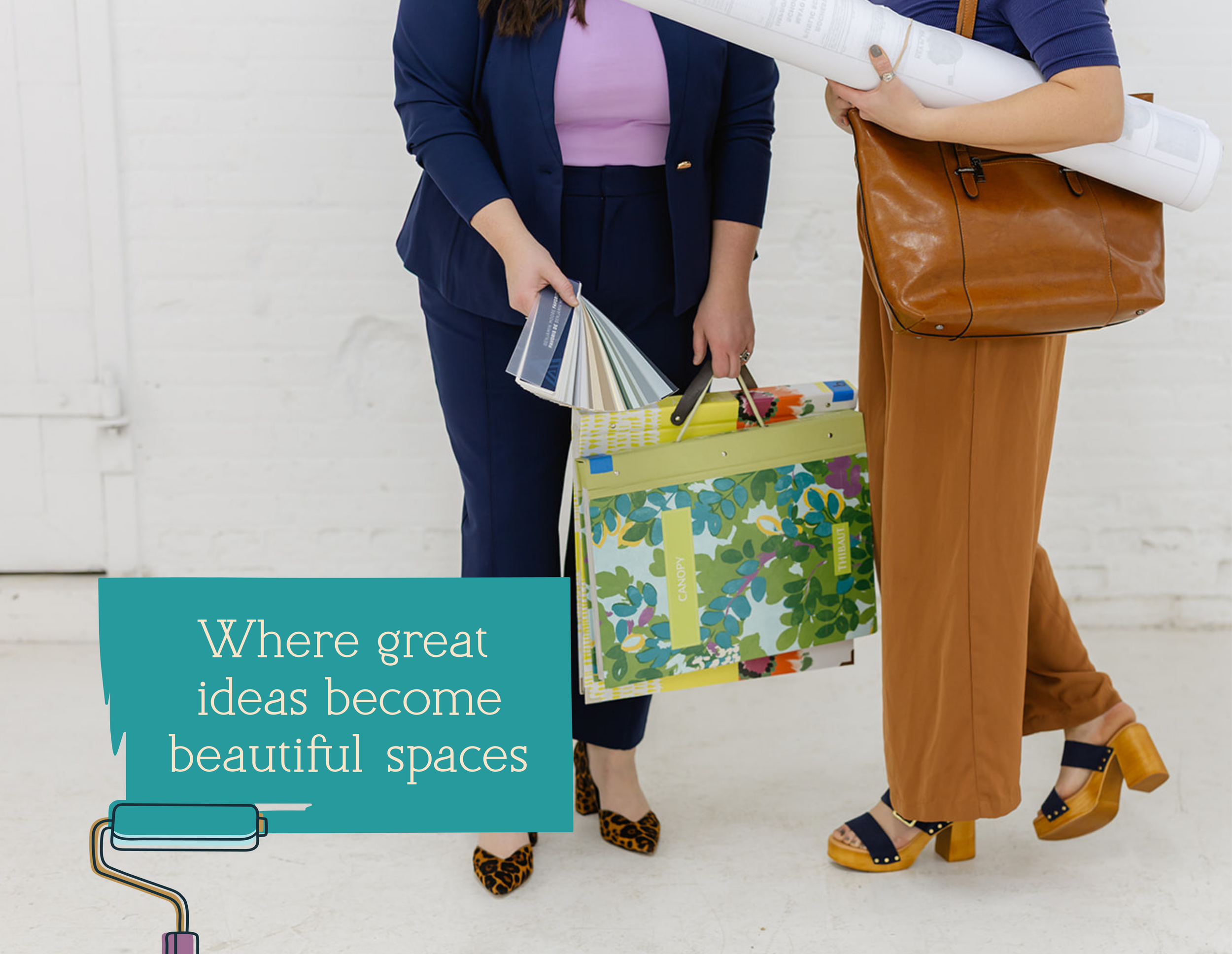 Lifestyle brand photography for The List by Allie Marie Design, featuring a close-up of the team holding wallpaper sample books and paint swatches, overlaid with the brand tagline "Where great ideas become beautiful spaces."