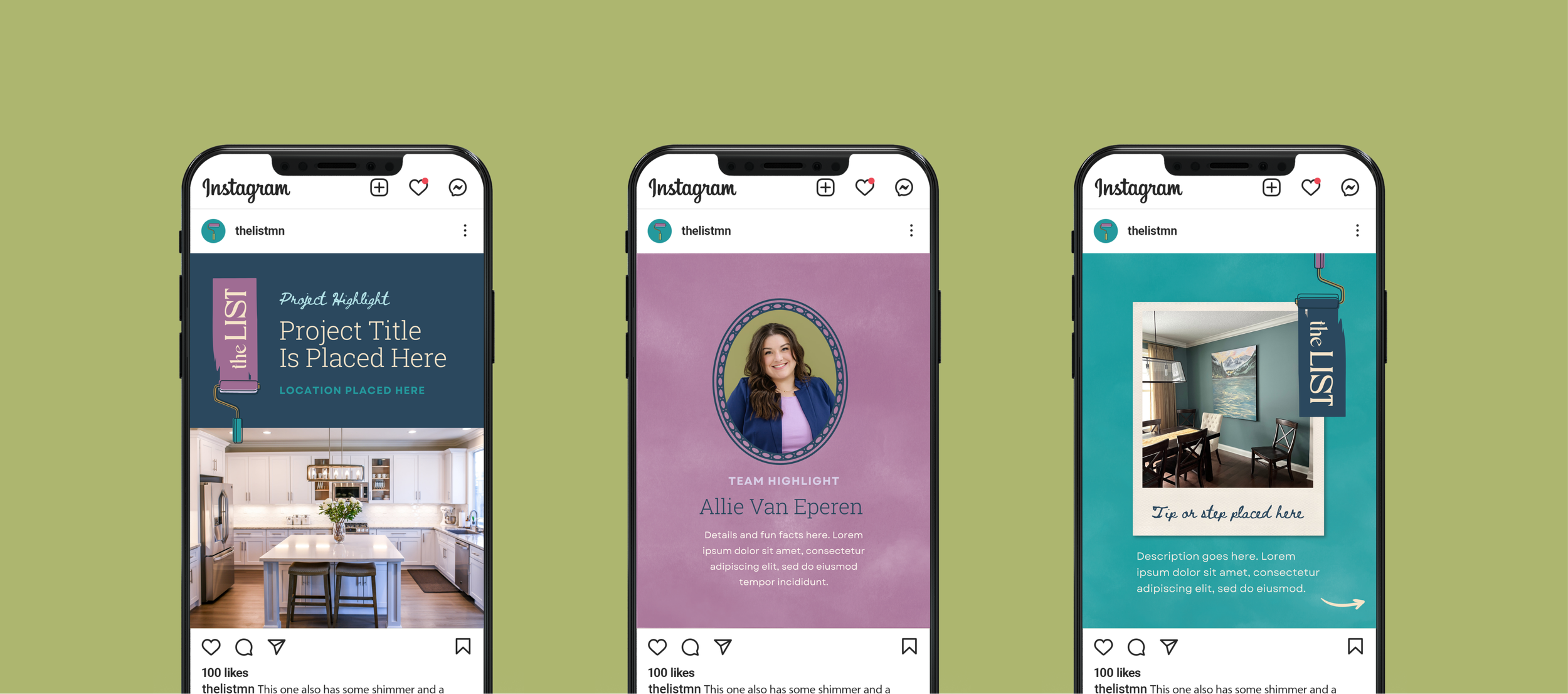 Custom Instagram post templates for The List by Allie Marie Design, featuring project highlights, team member spotlights, and creative home improvement tips designed for a cohesive social media presence.
