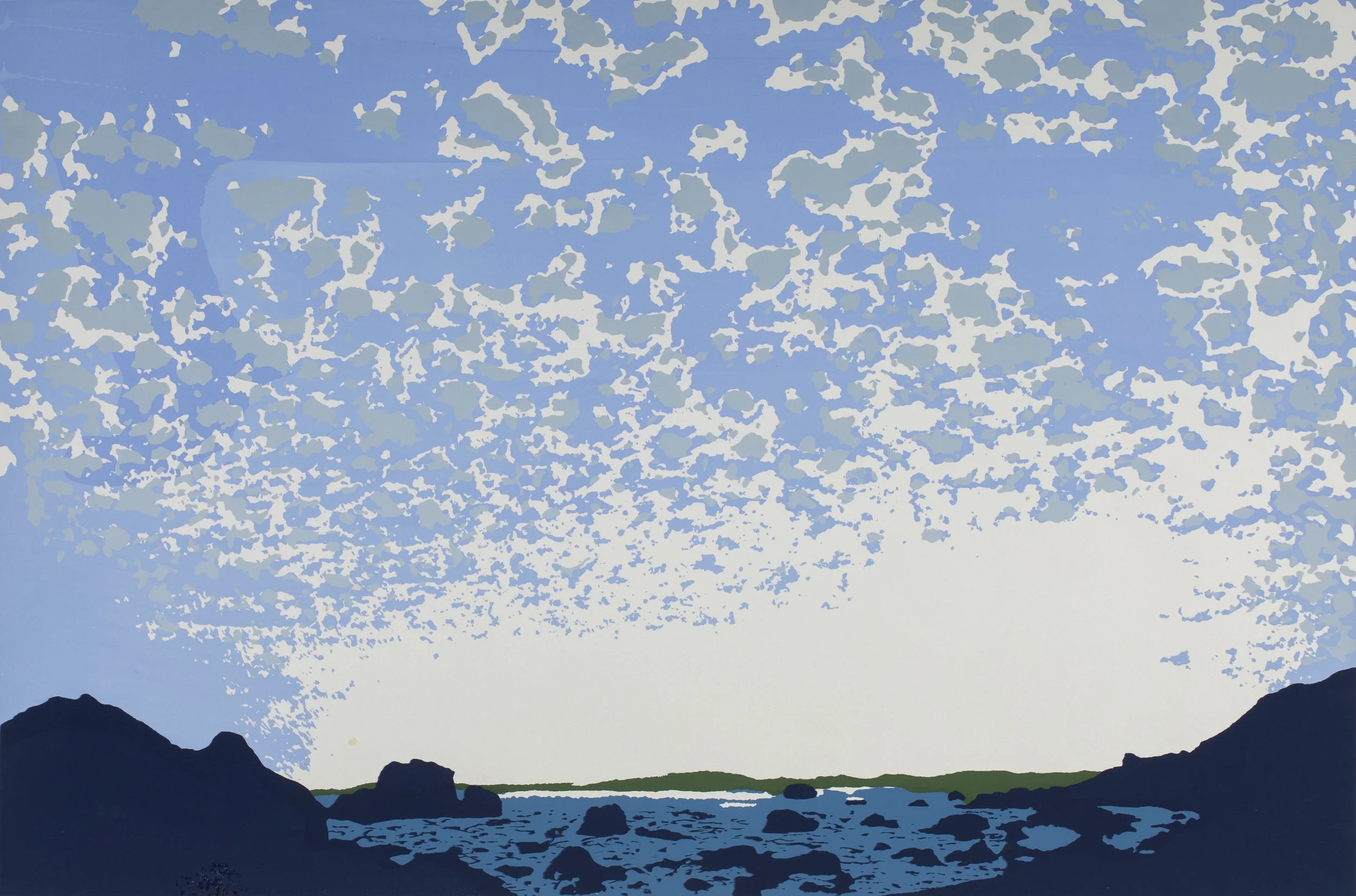 Fine art screenprint of a landscape with white clouds, blue sky, ocean rocks, and distant horizon, signed by the artist.