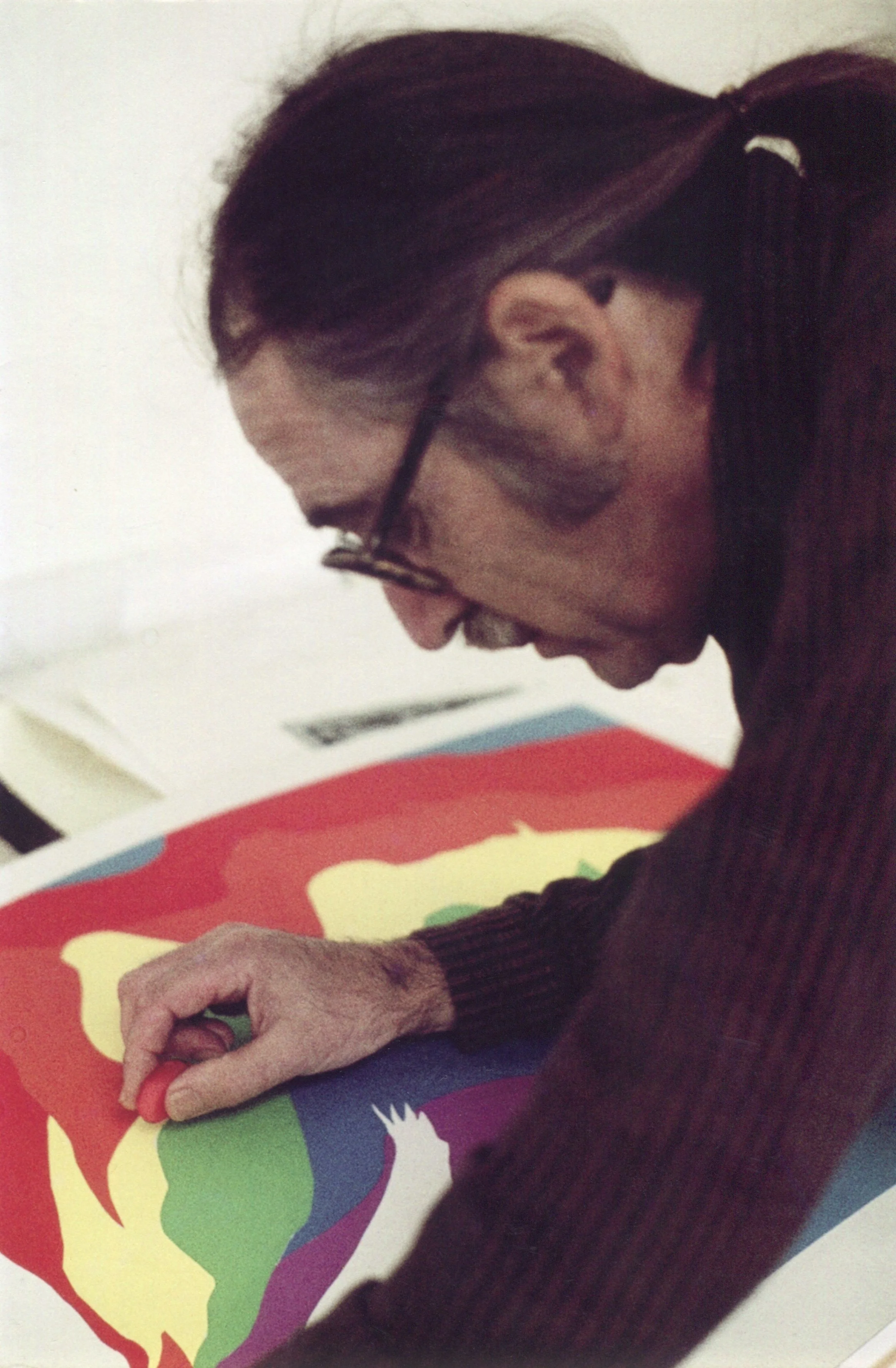 Late printmaking artist Bernard Blake working on an a original silkscreen in his Sebastopol, California home studio.