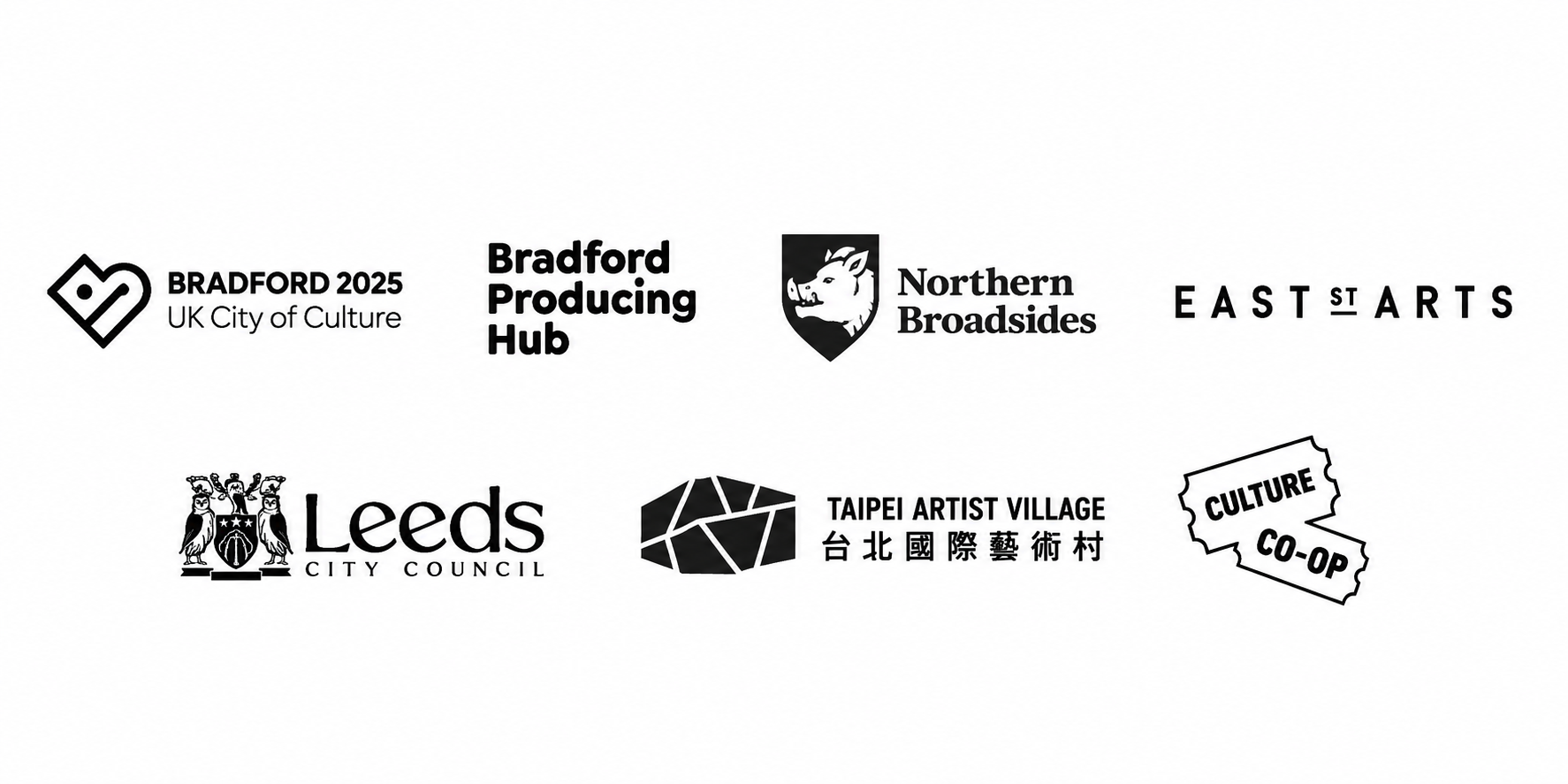 Collection of logos including Bradford 2025 UK City of Culture, Bradford Producing Hub, Northern Broadsides, Eastarts, Leeds City Council, Taipei Artist Village, and Culture Co-Op.