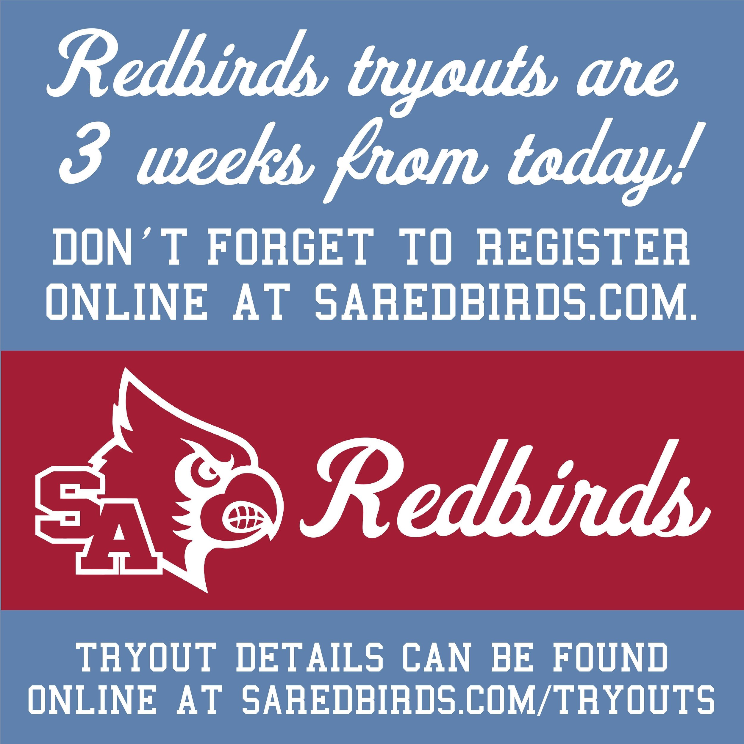 Don&rsquo;t forget to register online at www.saredbirds.com. We look forward to seeing you in 3 weeks! Go Redbirds! ⚾️