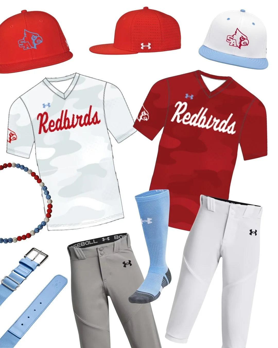 The 2025-2026 Redbirds store is NOW LIVE featuring our new red and white camouflage Under Armour uniforms, Poncho shirts, sun hoodies, practice shorts, practice jerseys, trucker hats, roller bags and more! The store will close on July 27th. Please ma